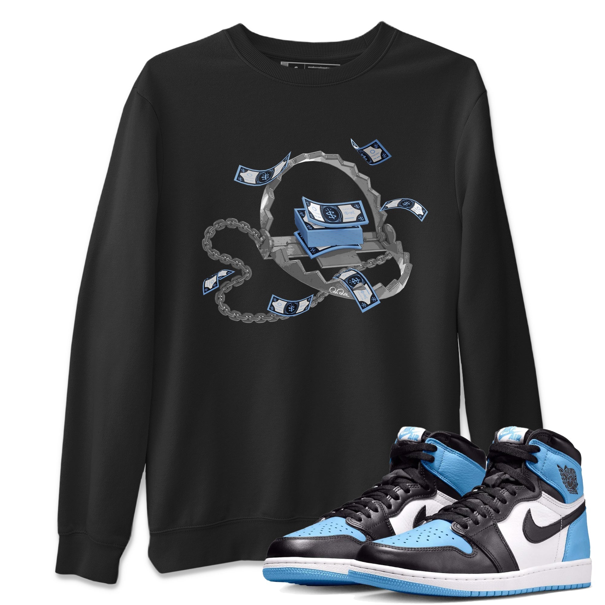 Air Jordan 1 Retro High OG UNC Toe Shirt to match Jordans Trap Money Streetwear Sneaker Shirt AJ1 UNC Toe Drip Gear Zone Sneaker Matching Clothing Crew Neck T-Shirts Black 1