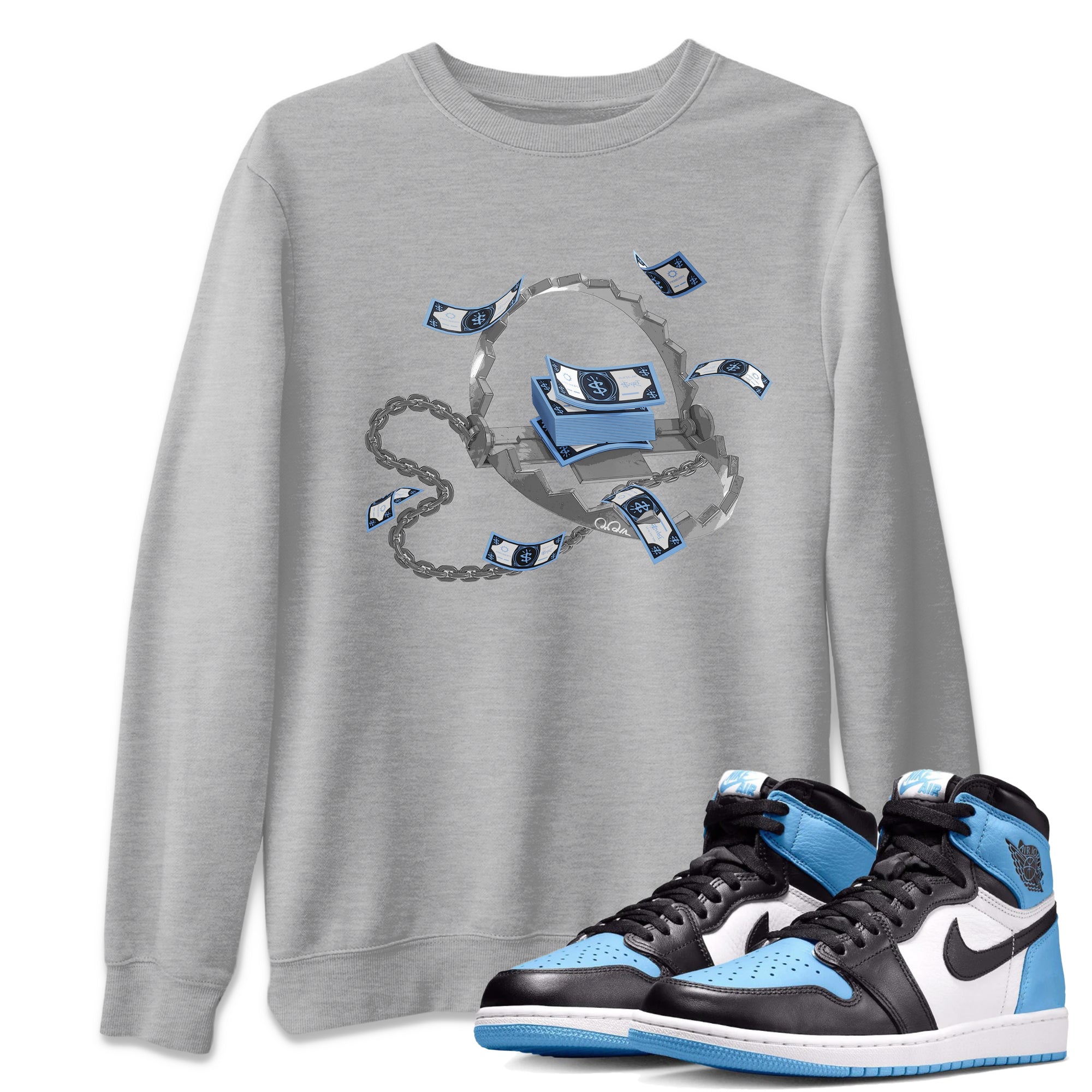 Air Jordan 1 Retro High OG UNC Toe Shirt to match Jordans Trap Money Streetwear Sneaker Shirt AJ1 UNC Toe Drip Gear Zone Sneaker Matching Clothing Crew Neck T-Shirts Heather Grey 1