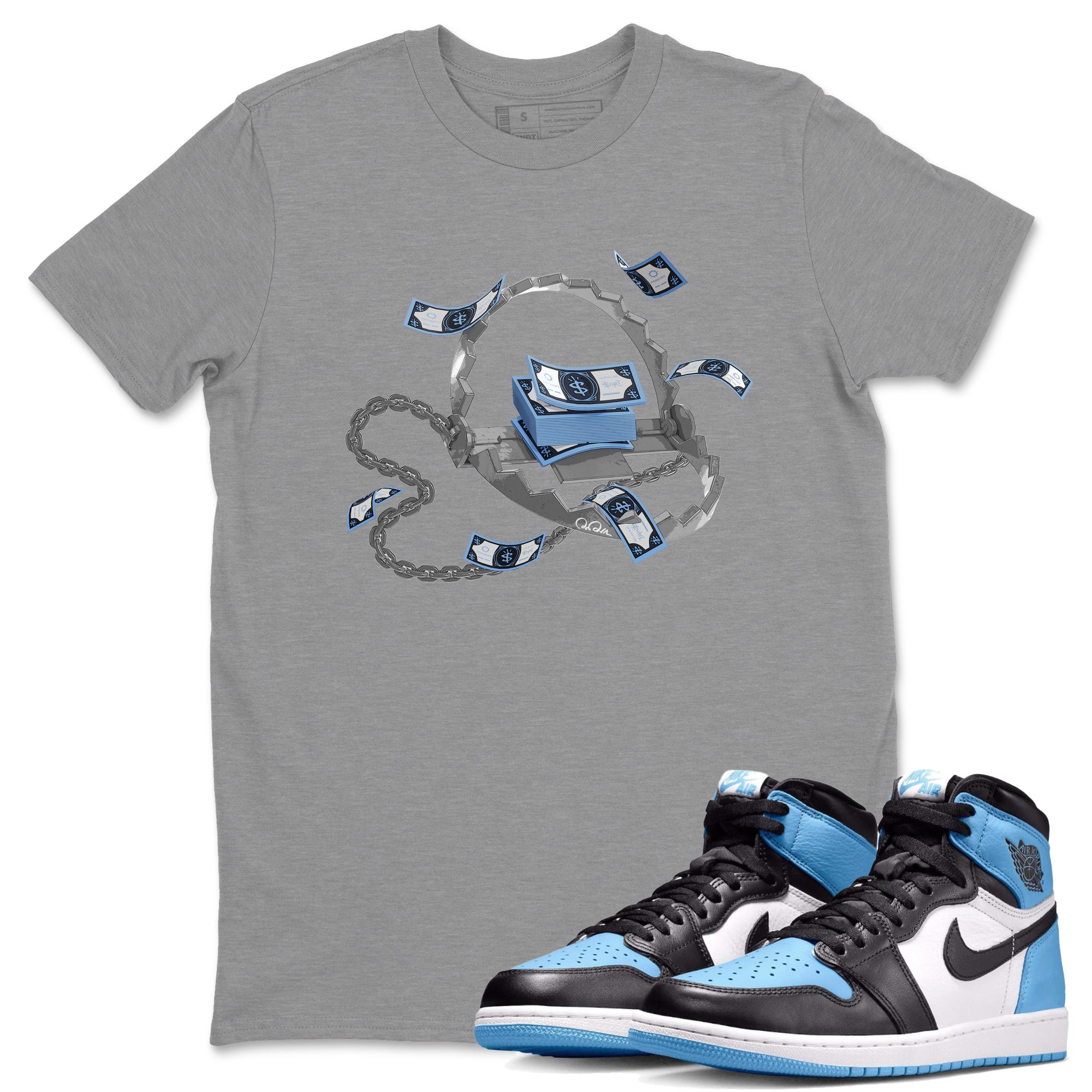 Air Jordan 1 Retro High OG UNC Toe Shirt to match Jordans Trap Money Streetwear Sneaker Shirt AJ1 UNC Toe Drip Gear Zone Sneaker Matching Clothing Crew Neck T-Shirts Heather Grey 1