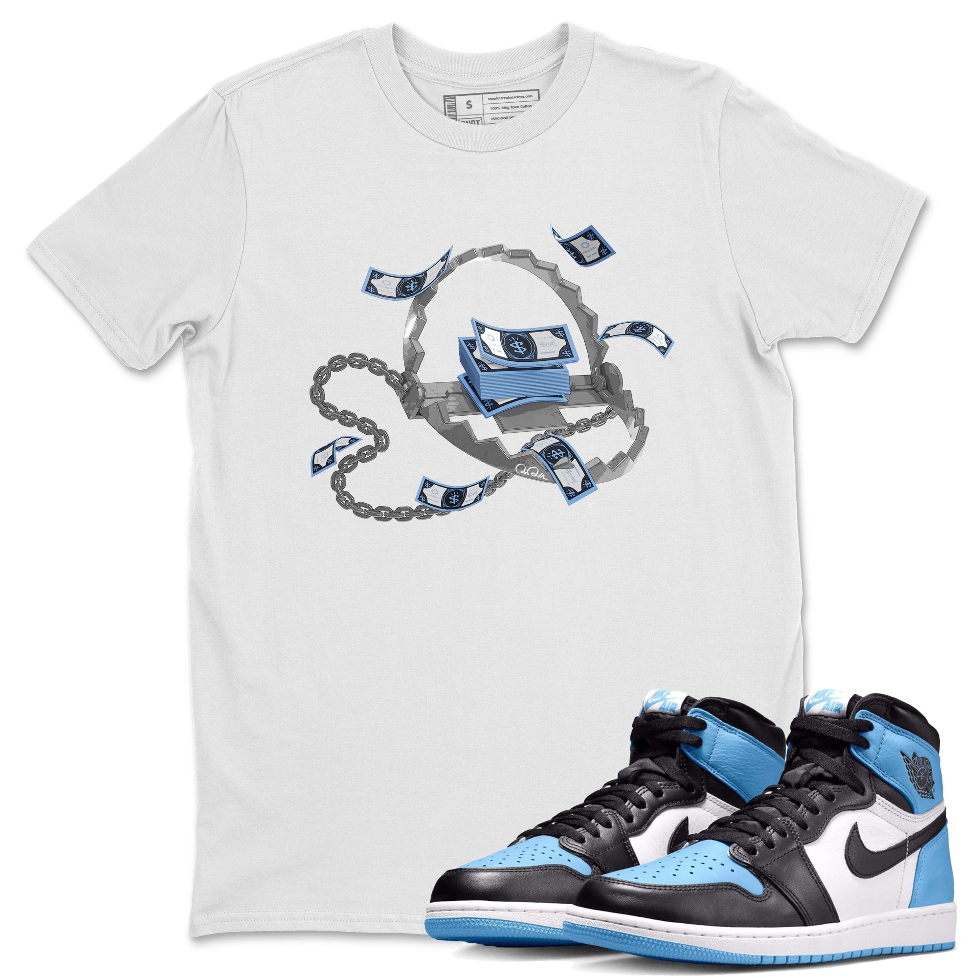 Air Jordan 1 Retro High OG UNC Toe Shirt to match Jordans Trap Money Streetwear Sneaker Shirt AJ1 UNC Toe Drip Gear Zone Sneaker Matching Clothing Crew Neck T-Shirts White 1