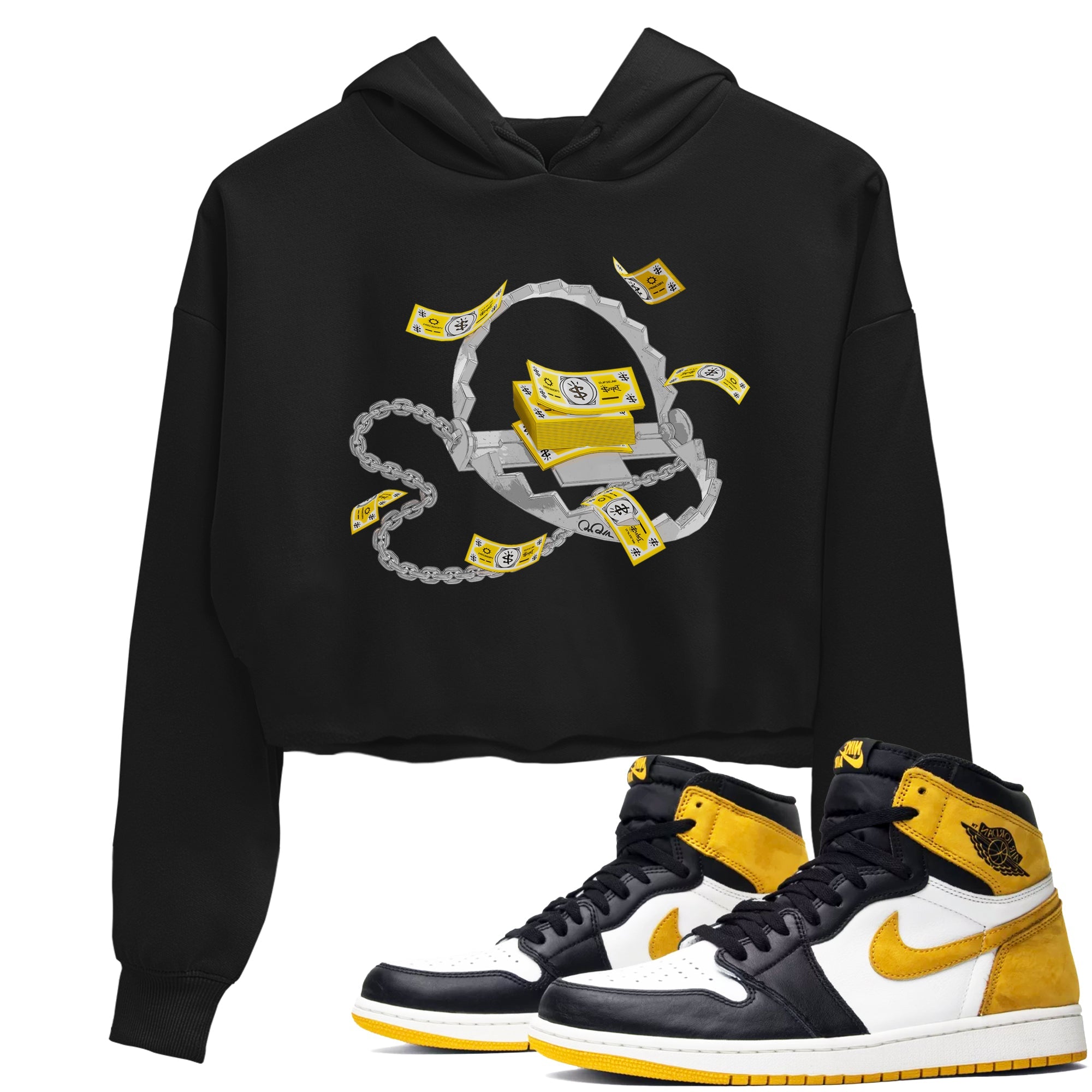 Air Jordan 1 Yellow Ochre shirt to match jordans Trap Money sneaker tees AJ1 Yellow Ochre Drip Gear Zone Black 1 crop length shirt