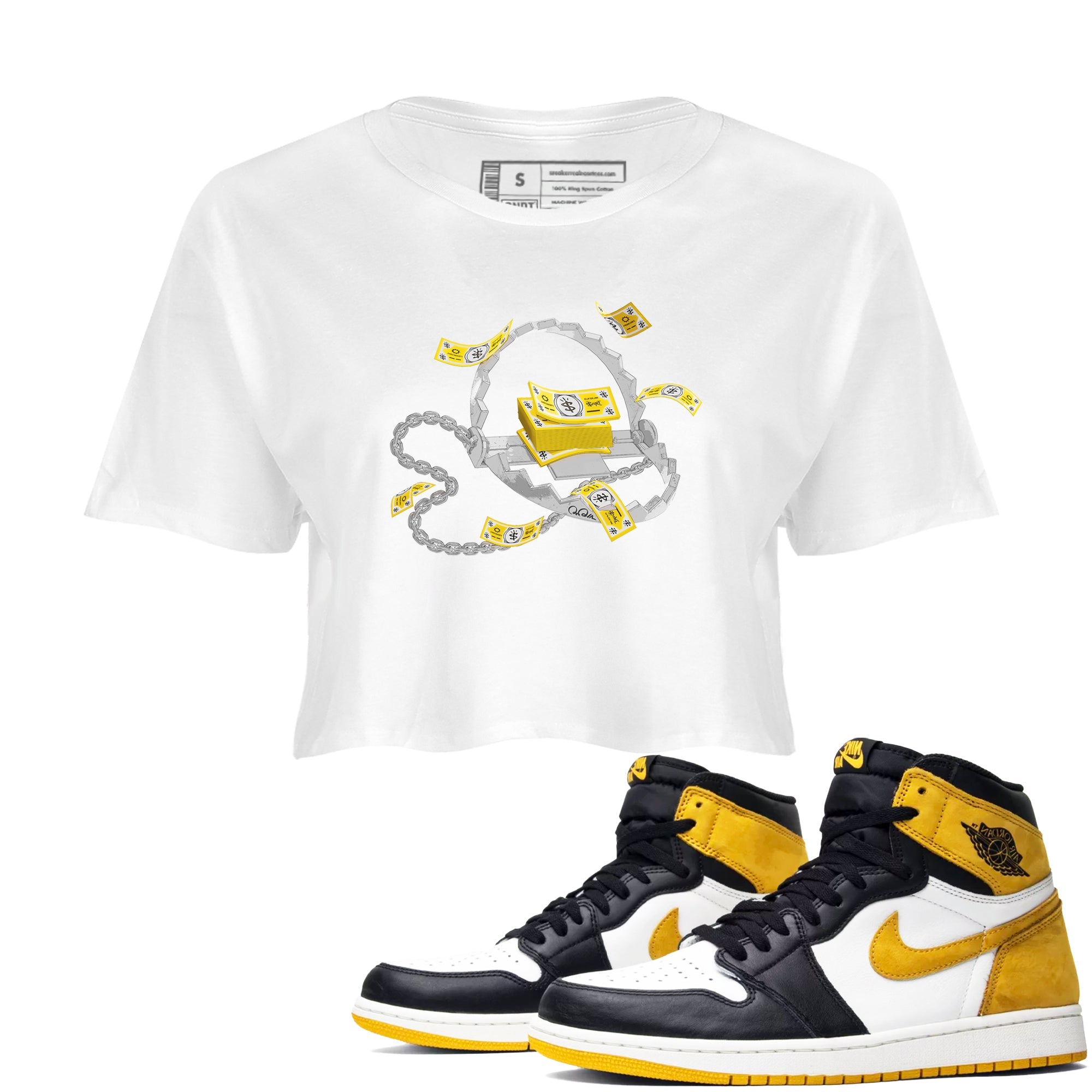 Air Jordan 1 Yellow Ochre shirt to match jordans Trap Money sneaker tees AJ1 Yellow Ochre Drip Gear Zone White 1 crop length shirt