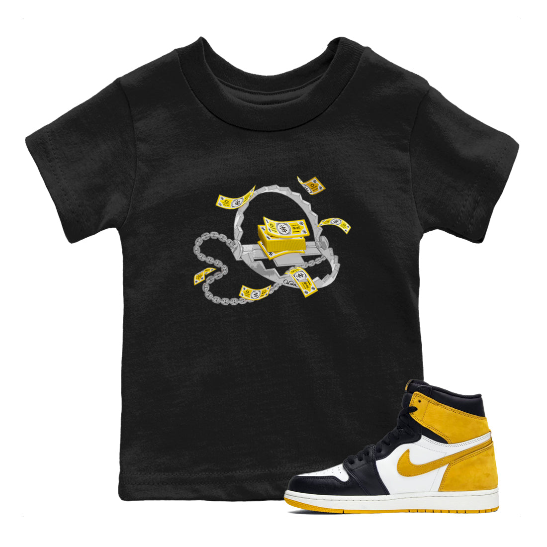 Air Jordan 1 Yellow Ochre shirt to match jordans Trap Money sneaker tees AJ1 Yellow Ochre Drip Gear Zone baby toddler Black 1 cotton Shirt