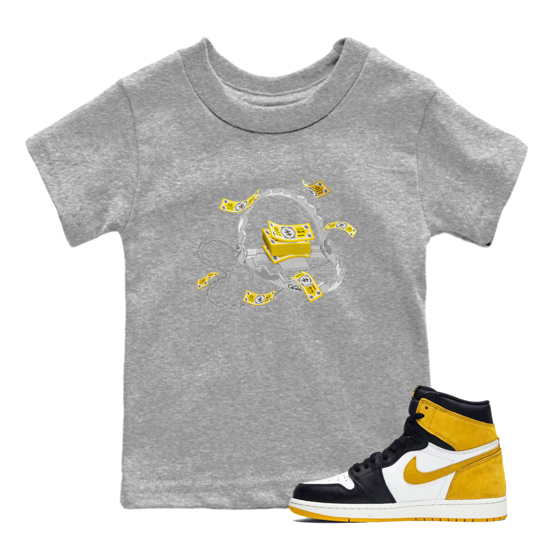 Air Jordan 1 Yellow Ochre shirt to match jordans Trap Money sneaker tees AJ1 Yellow Ochre Drip Gear Zone baby toddler Heather Grey 1 cotton Shirt