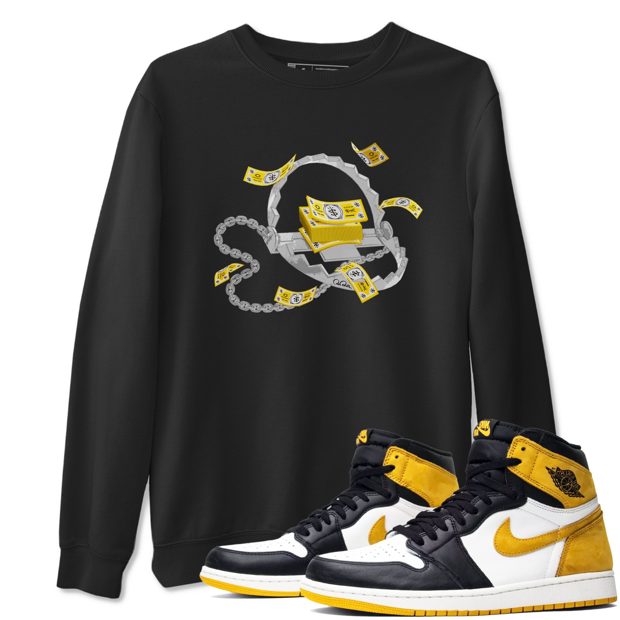 Air Jordan 1 Yellow Ochre shirt to match jordans Trap Money sneaker tees AJ1 Yellow Ochre Drip Gear Zone unisex cotton Black 1 crew neck shirt