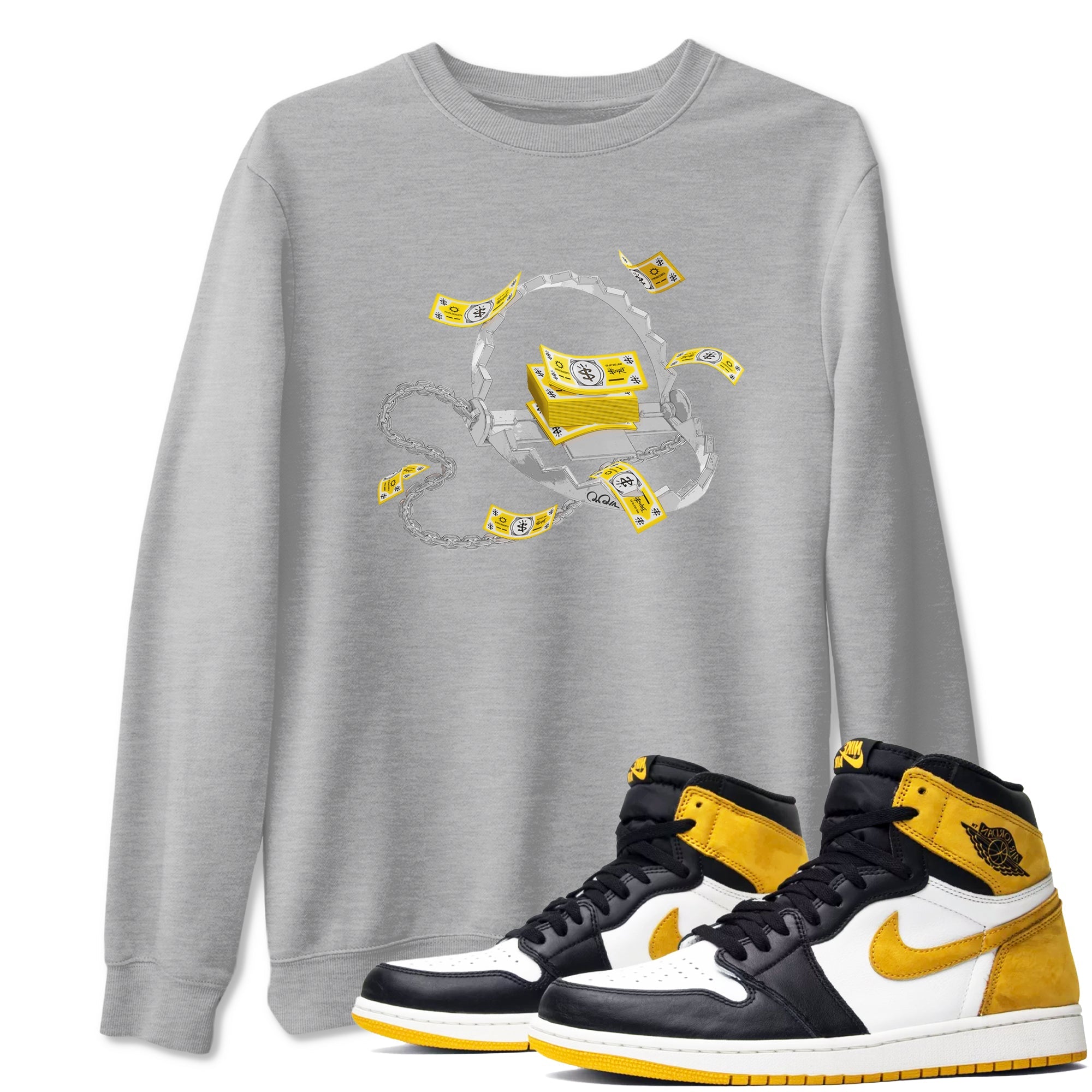Air Jordan 1 Yellow Ochre shirt to match jordans Trap Money sneaker tees AJ1 Yellow Ochre Drip Gear Zone unisex cotton Heather Grey 1 crew neck shirt