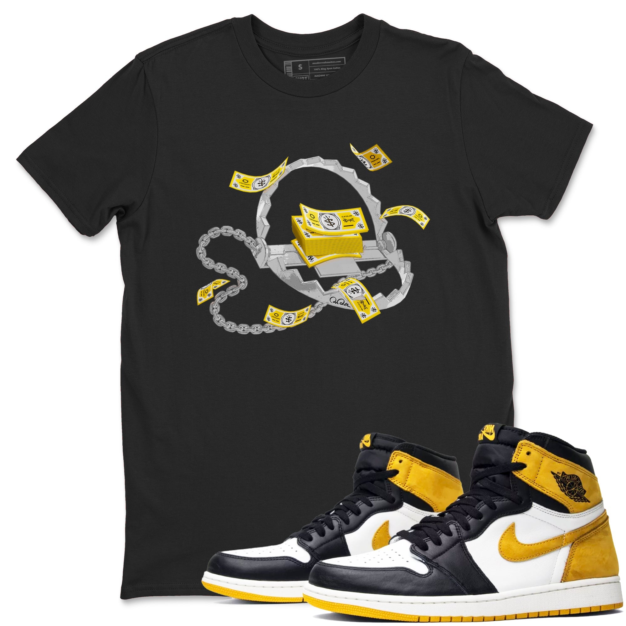 Air Jordan 1 Yellow Ochre shirt to match jordans Trap Money sneaker tees AJ1 Yellow Ochre Drip Gear Zone unisex cotton Black 1 crew neck shirt