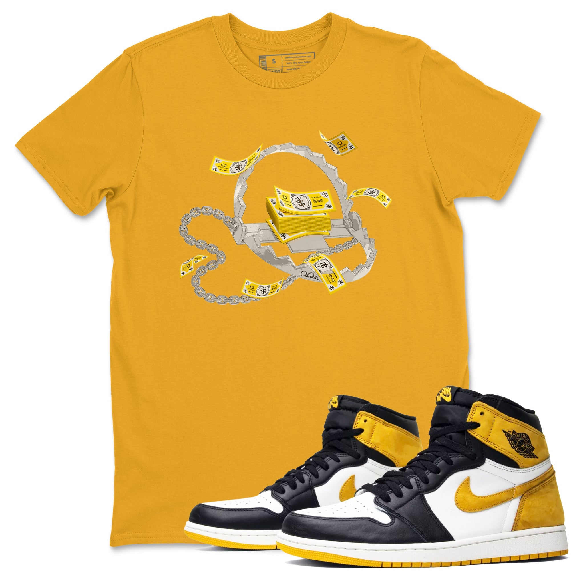 Air Jordan 1 Yellow Ochre shirt to match jordans Trap Money sneaker tees AJ1 Yellow Ochre Drip Gear Zone unisex cotton Gold 1 crew neck shirt