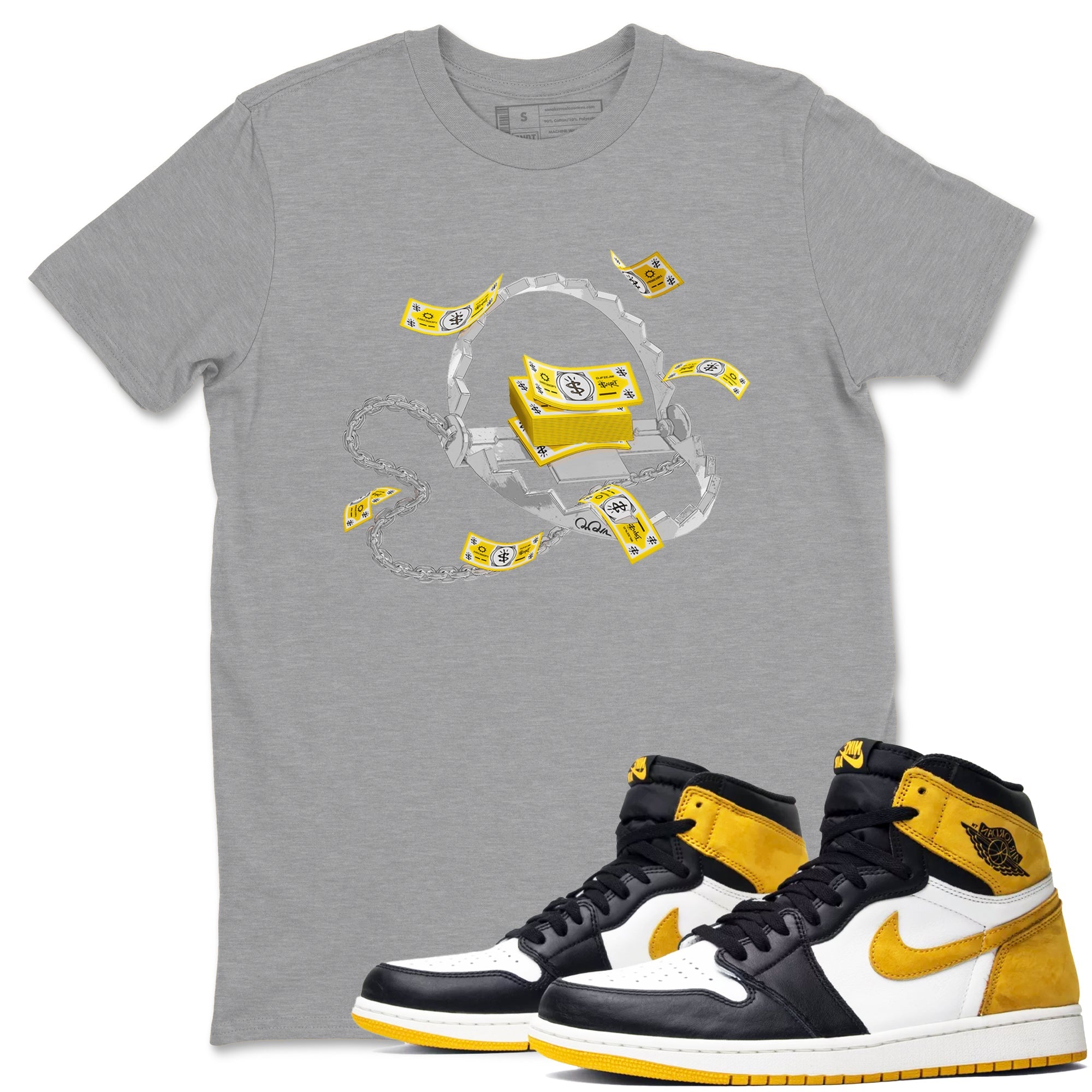 Air Jordan 1 Yellow Ochre shirt to match jordans Trap Money sneaker tees AJ1 Yellow Ochre Drip Gear Zone unisex cotton Heather Grey 1 crew neck shirt