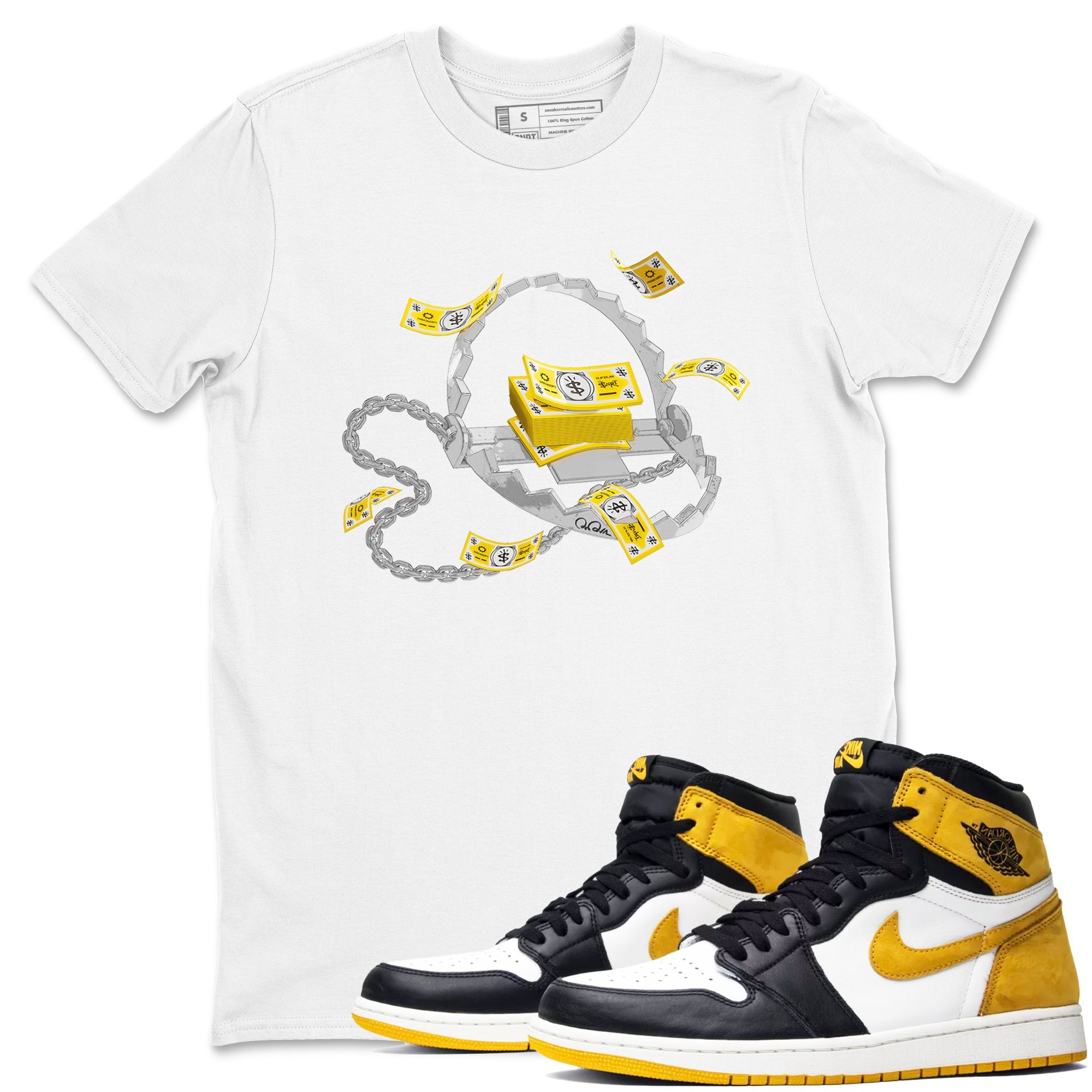 Air Jordan 1 Yellow Ochre shirt to match jordans Trap Money sneaker tees AJ1 Yellow Ochre Drip Gear Zone unisex cotton White 1 crew neck shirt