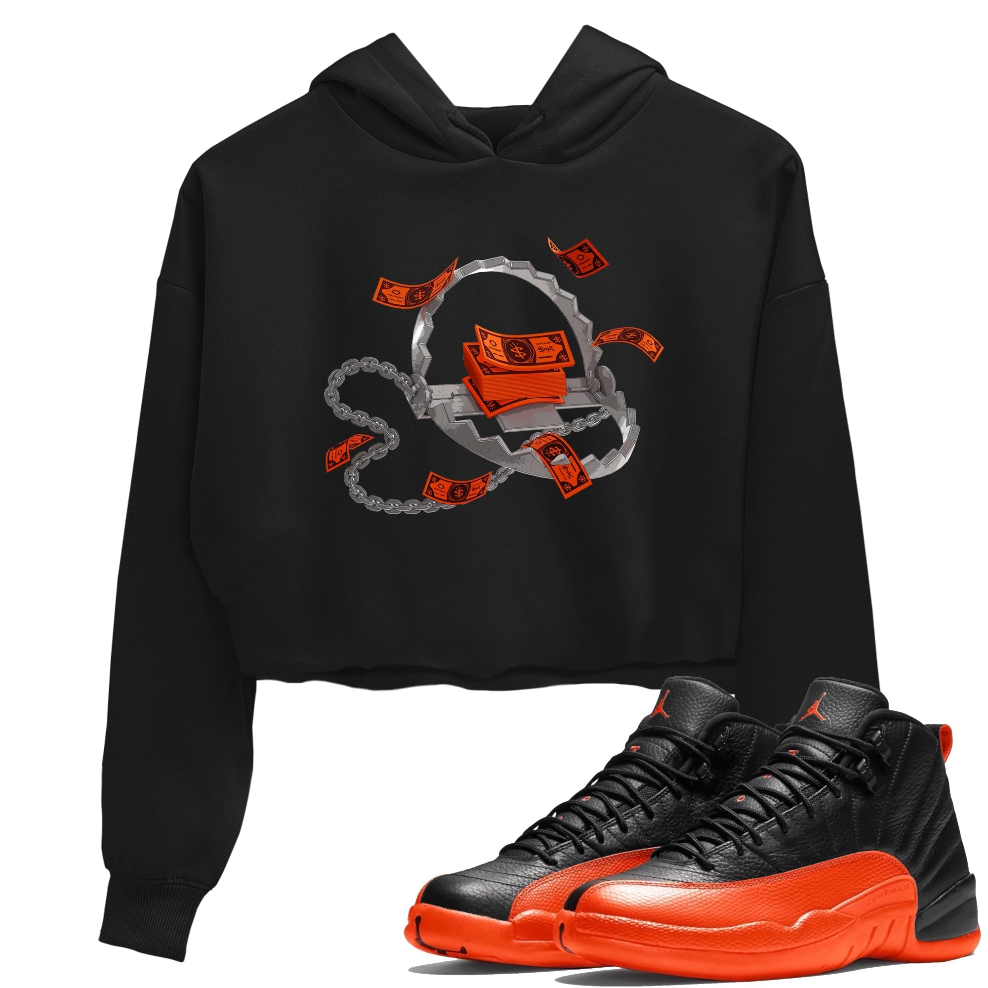Air Jordan 12 Brilliant Orange Sneaker Match Tees Trap Money Streetwear Sneaker Shirt AJ12 Brilliant Orange Sneaker Release Tees Women's Shirts Black 1