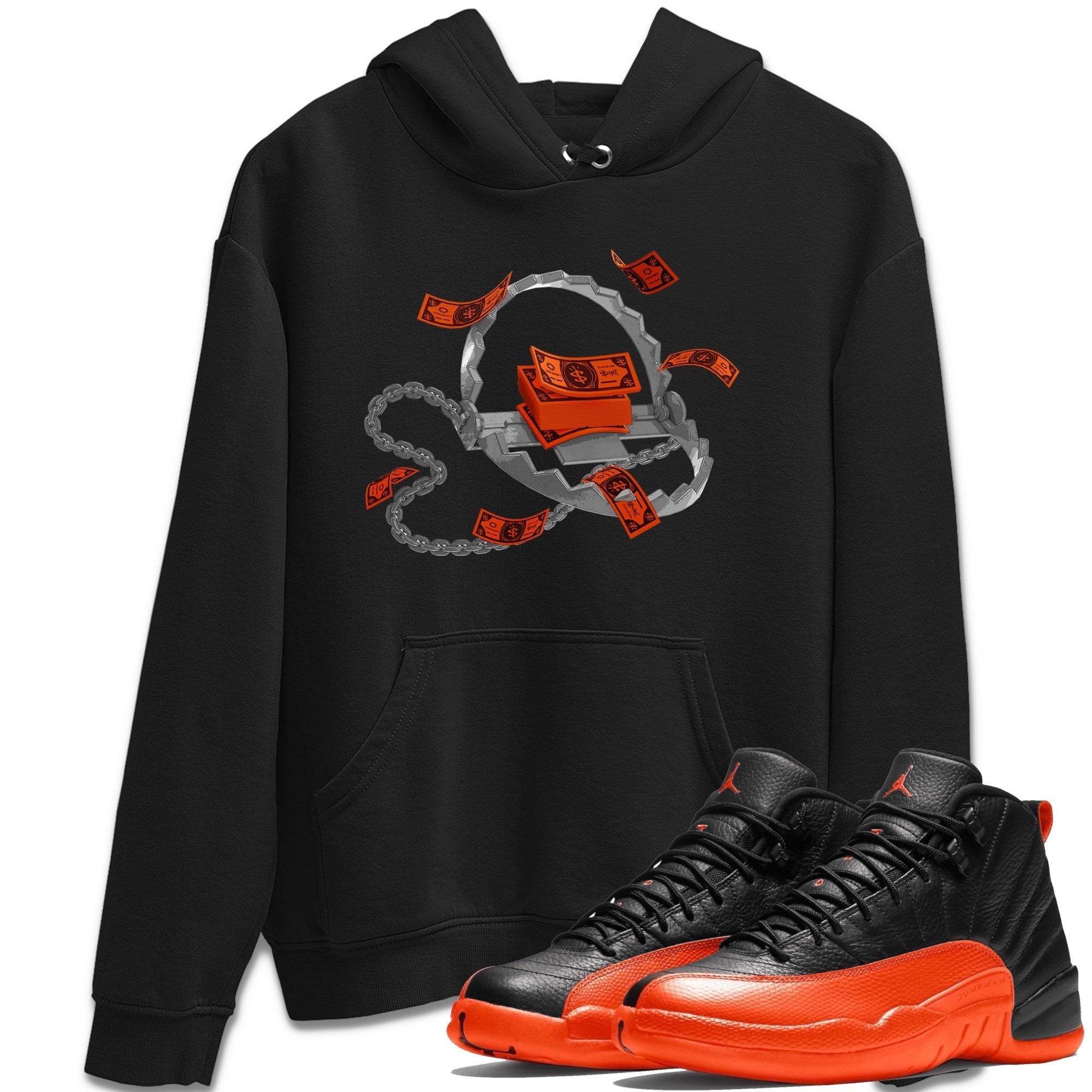 Air Jordan 12 Brilliant Orange Sneaker Match Tees Trap Money Streetwear Sneaker Shirt AJ12 Brilliant Orange Sneaker Release Tees Unisex Shirts Black 1