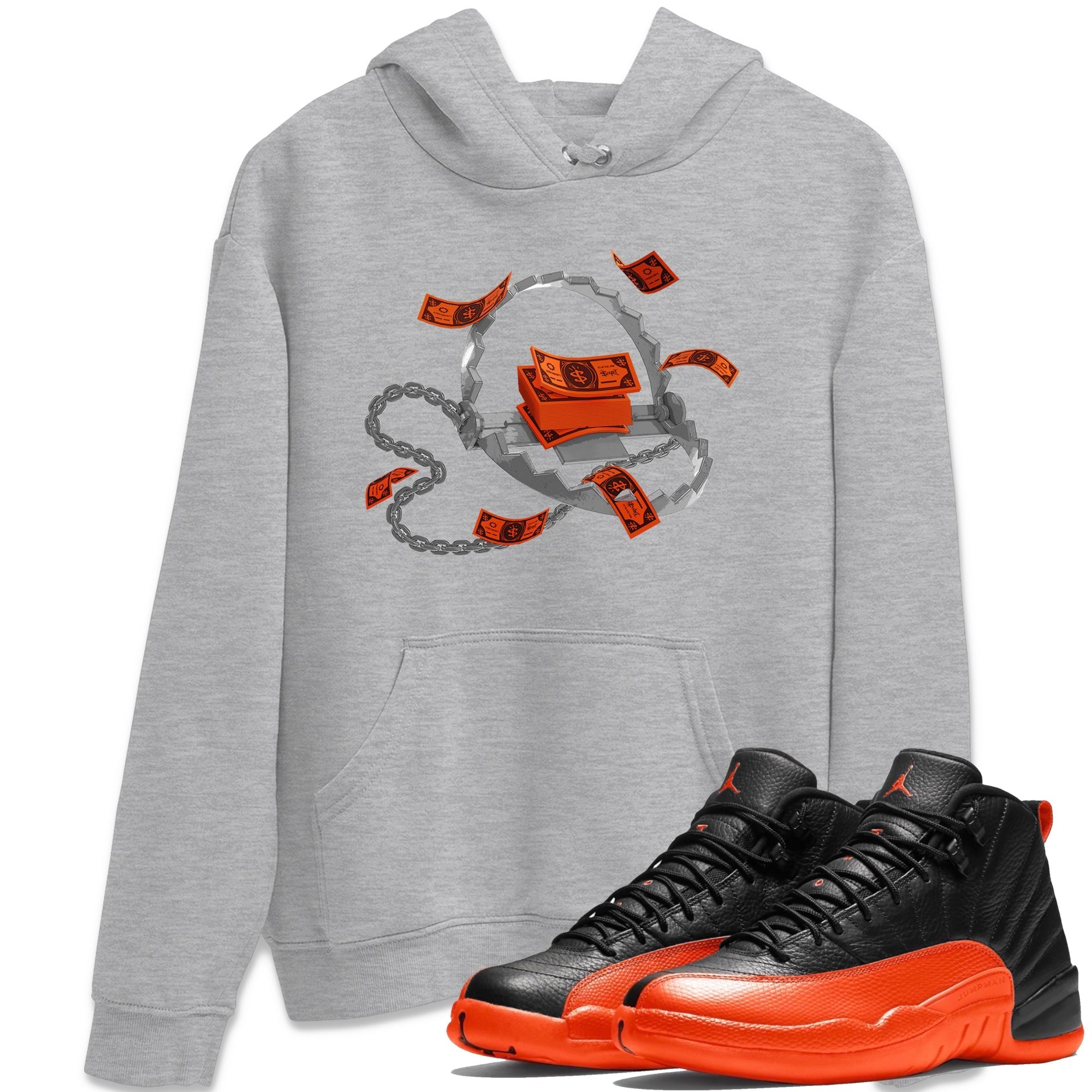 Air Jordan 12 Brilliant Orange Sneaker Match Tees Trap Money Streetwear Sneaker Shirt AJ12 Brilliant Orange Sneaker Release Tees Unisex Shirts Heather Grey 1