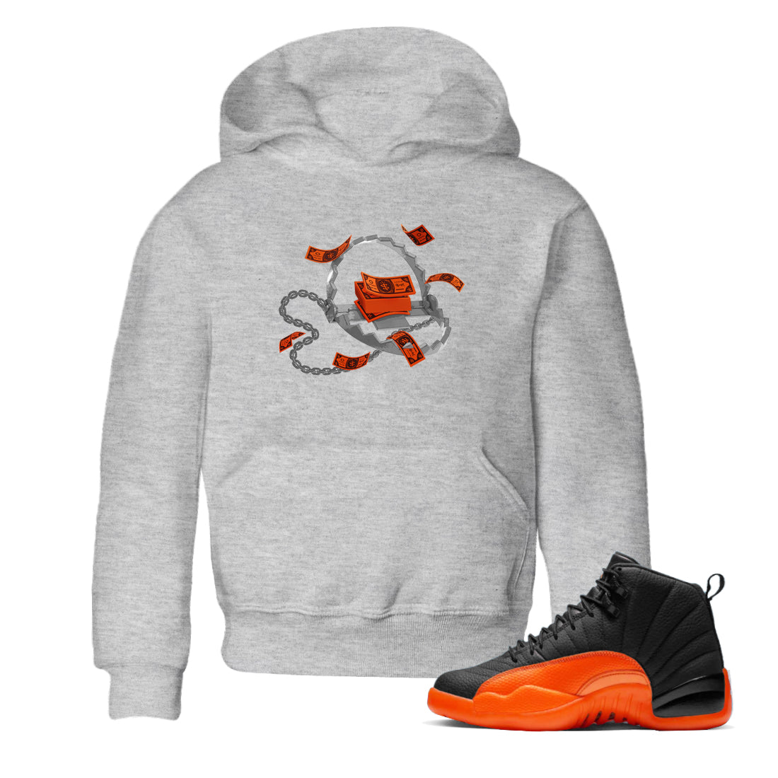 Air Jordan 12 Brilliant Orange Sneaker Match Tees Trap Money Streetwear Sneaker Shirt AJ12 Brilliant Orange Sneaker Release Tees Kids Shirts Heather Grey 1
