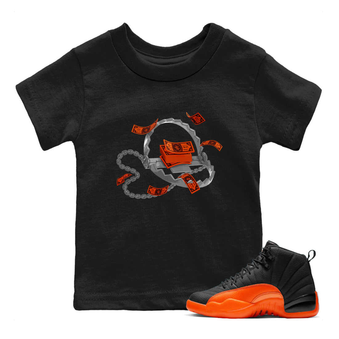 Air Jordan 12 Brilliant Orange Sneaker Match Tees Trap Money Streetwear Sneaker Shirt AJ12 Brilliant Orange Sneaker Release Tees Kids Shirts Black 1