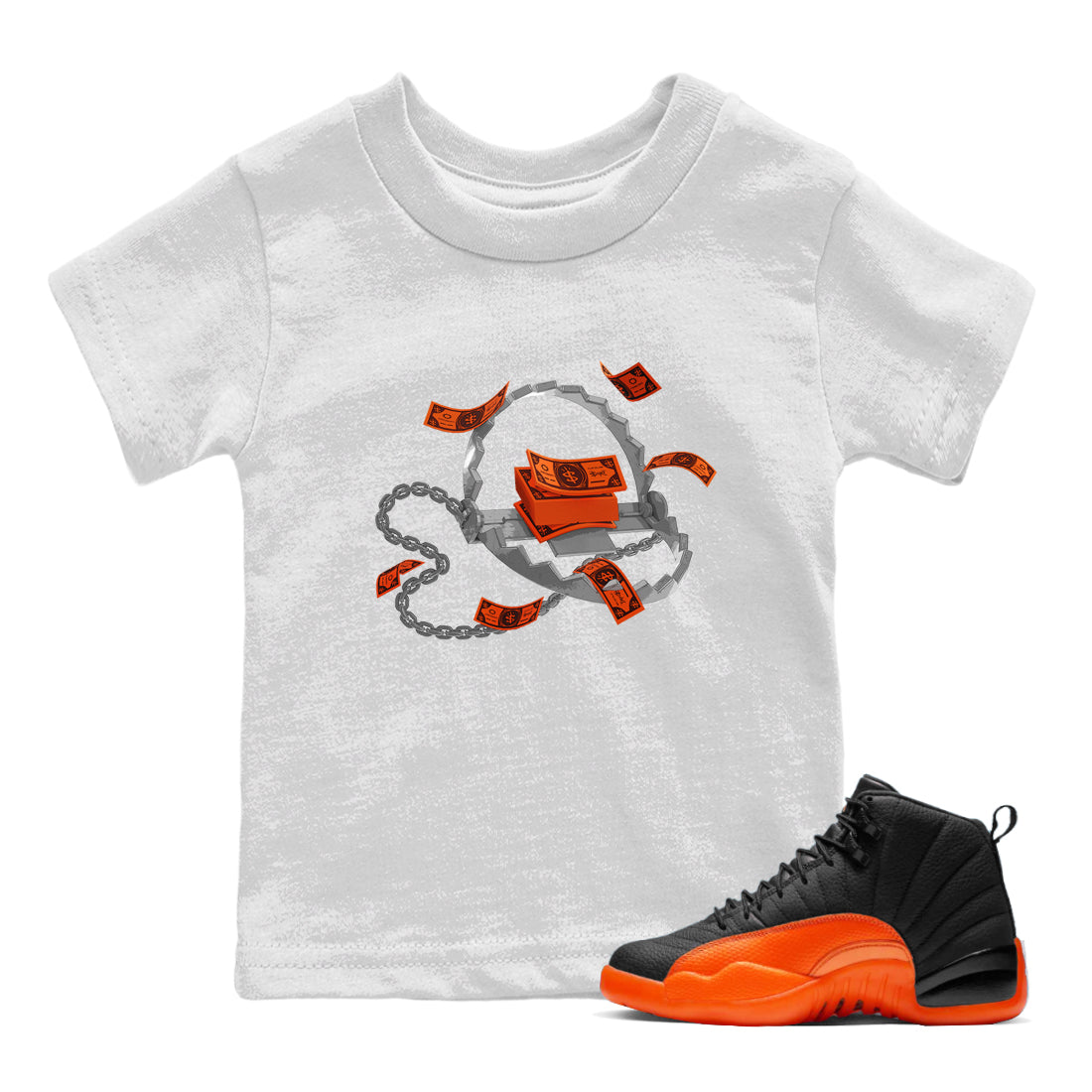 Air Jordan 12 Brilliant Orange Sneaker Match Tees Trap Money Streetwear Sneaker Shirt AJ12 Brilliant Orange Sneaker Release Tees Kids Shirts White 1