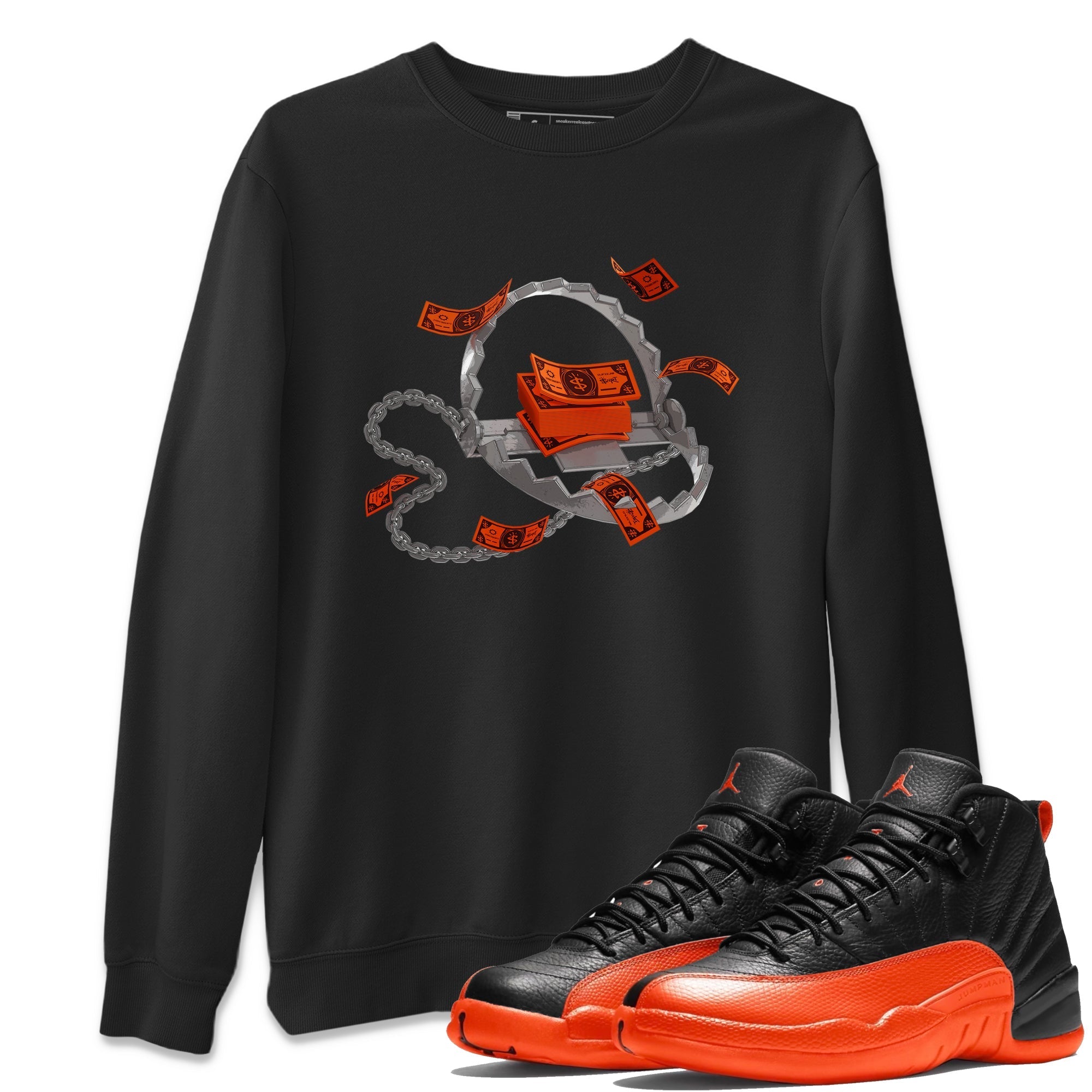 Air Jordan 12 Brilliant Orange Sneaker Match Tees Trap Money Streetwear Sneaker Shirt AJ12 Brilliant Orange Sneaker Release Tees Unisex Shirts Black 1