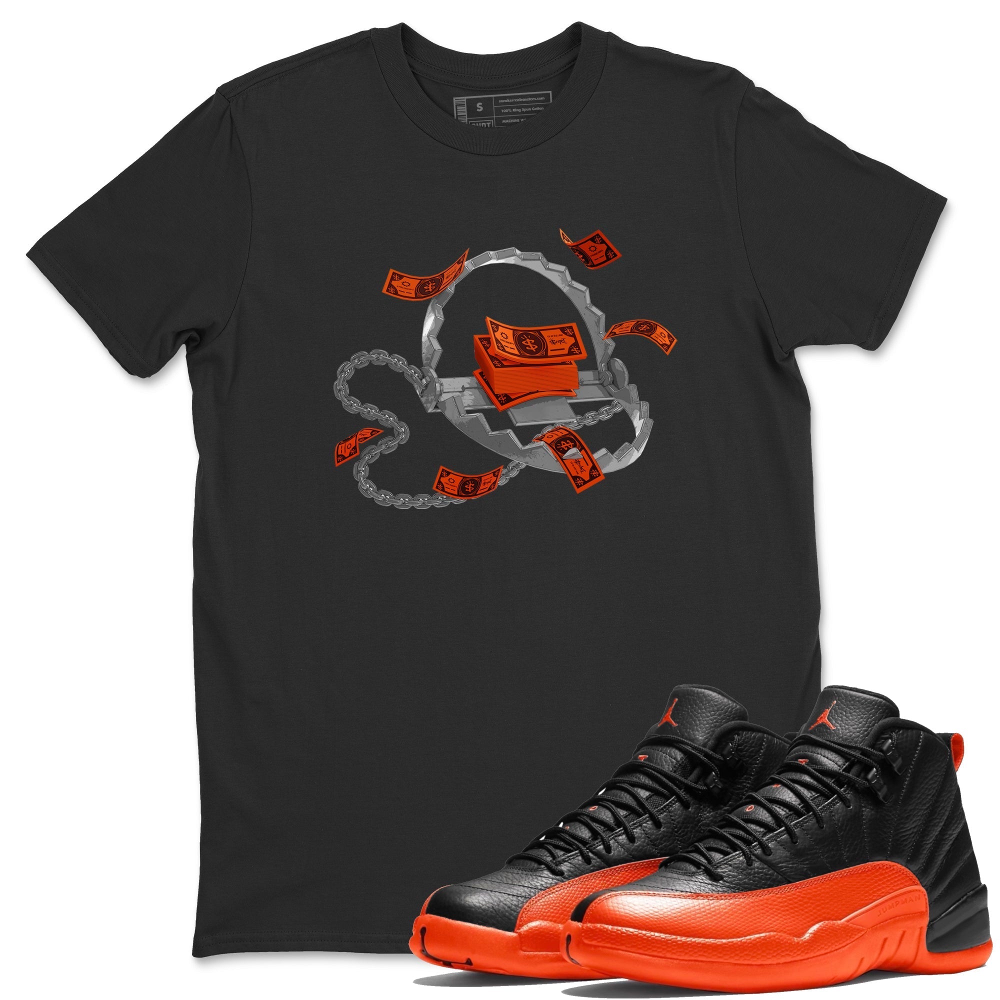 Air Jordan 12 Brilliant Orange Sneaker Match Tees Trap Money Streetwear Sneaker Shirt AJ12 Brilliant Orange Sneaker Release Tees Unisex Shirts Black 1