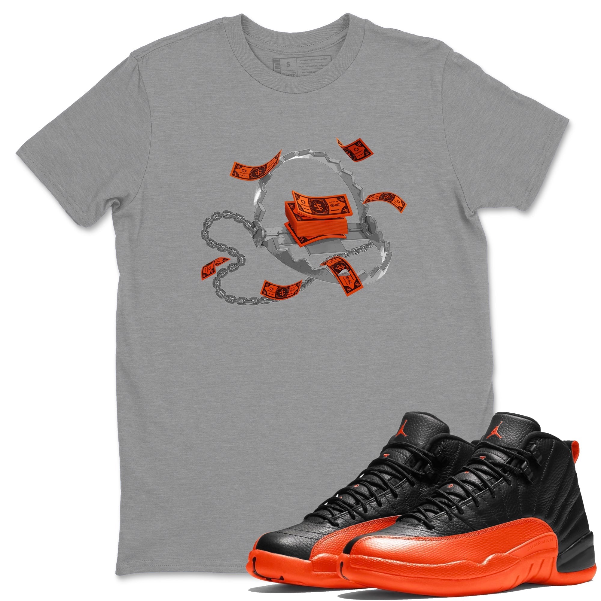 Air Jordan 12 Brilliant Orange Sneaker Match Tees Trap Money Streetwear Sneaker Shirt AJ12 Brilliant Orange Sneaker Release Tees Unisex Shirts Heather Grey 1
