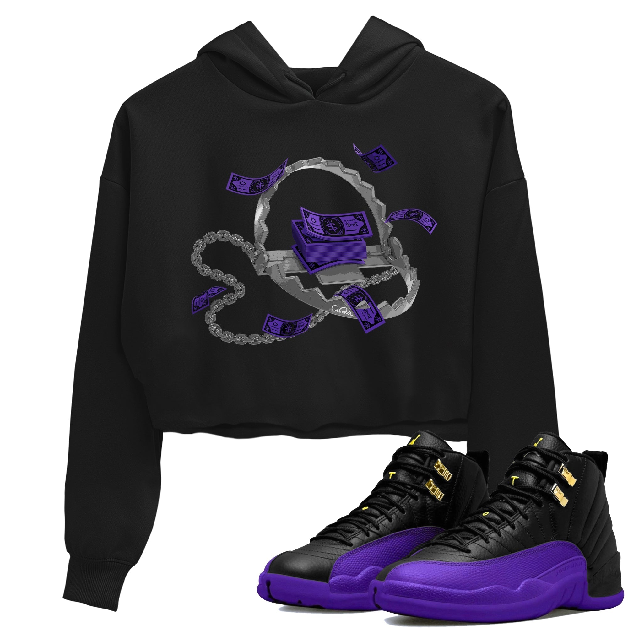 Air Jordan 12 Field Purple Sneaker Match Tees Trap Money Streetwear Sneaker Shirt AJ12 Field Purple Sneaker Release Tees Women's Shirts Black 1