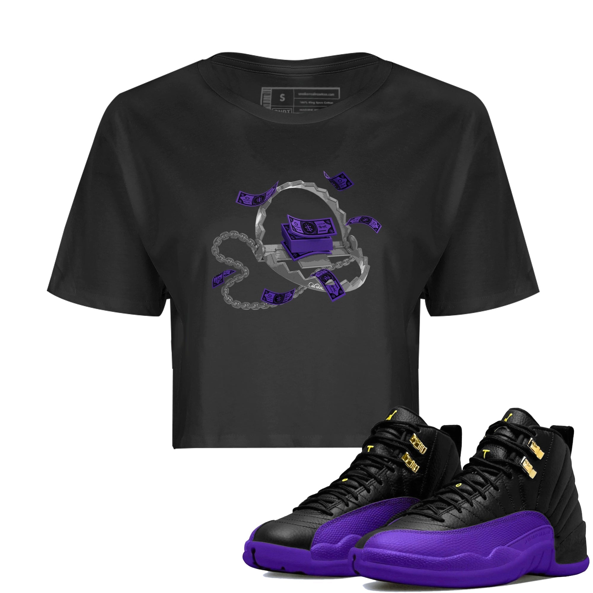 Air Jordan 12 Field Purple Sneaker Match Tees Trap Money Streetwear Sneaker Shirt AJ12 Field Purple Sneaker Release Tees Women's Shirts Black 1