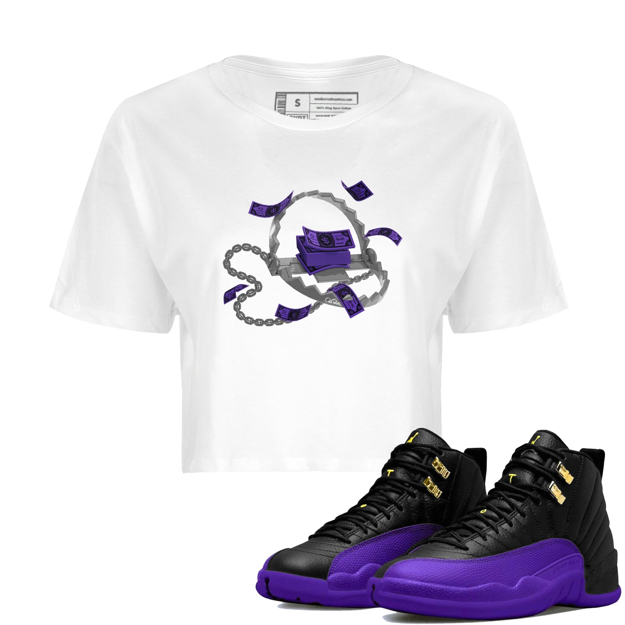 Air Jordan 12 Field Purple Sneaker Match Tees Trap Money Streetwear Sneaker Shirt AJ12 Field Purple Sneaker Release Tees Women's Shirts White 1