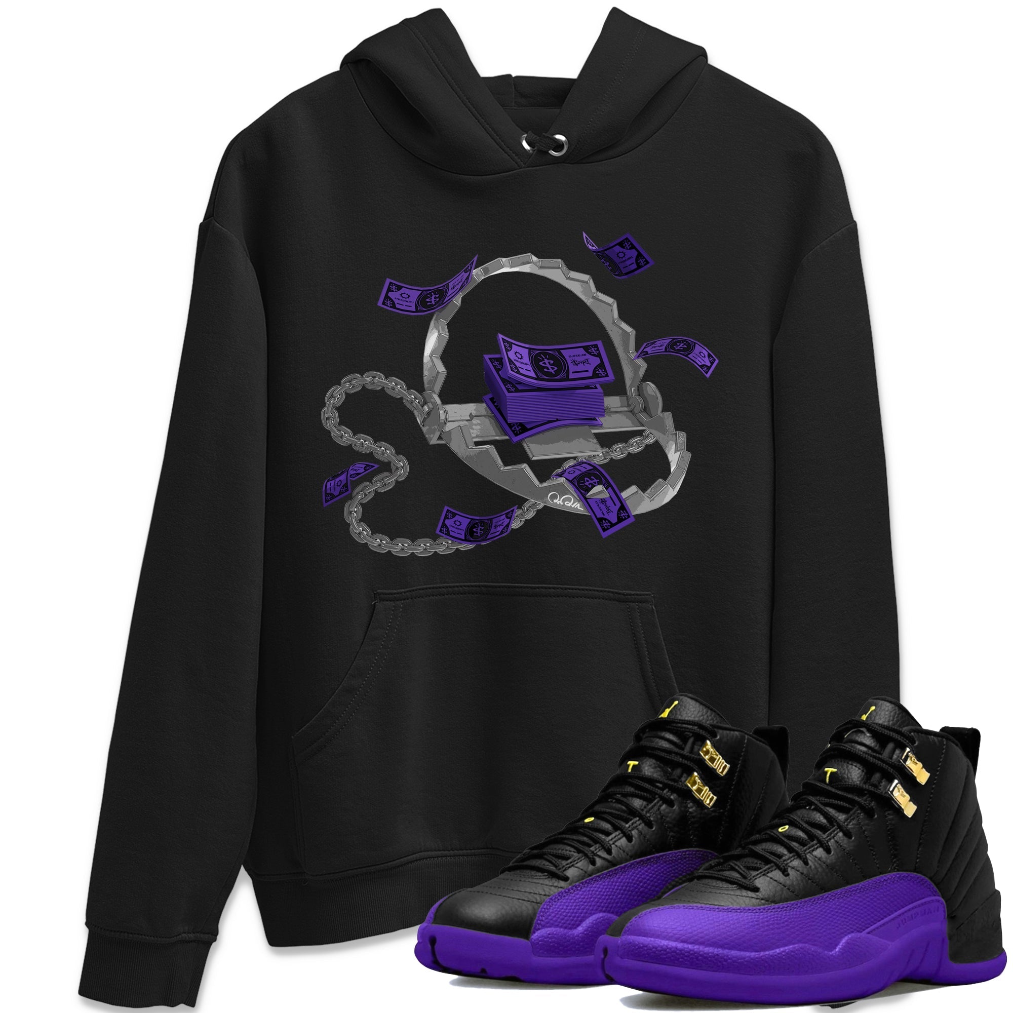 Air Jordan 12 Field Purple Sneaker Match Tees Trap Money Streetwear Sneaker Shirt AJ12 Field Purple Sneaker Release Tees Unisex Shirts Black 1