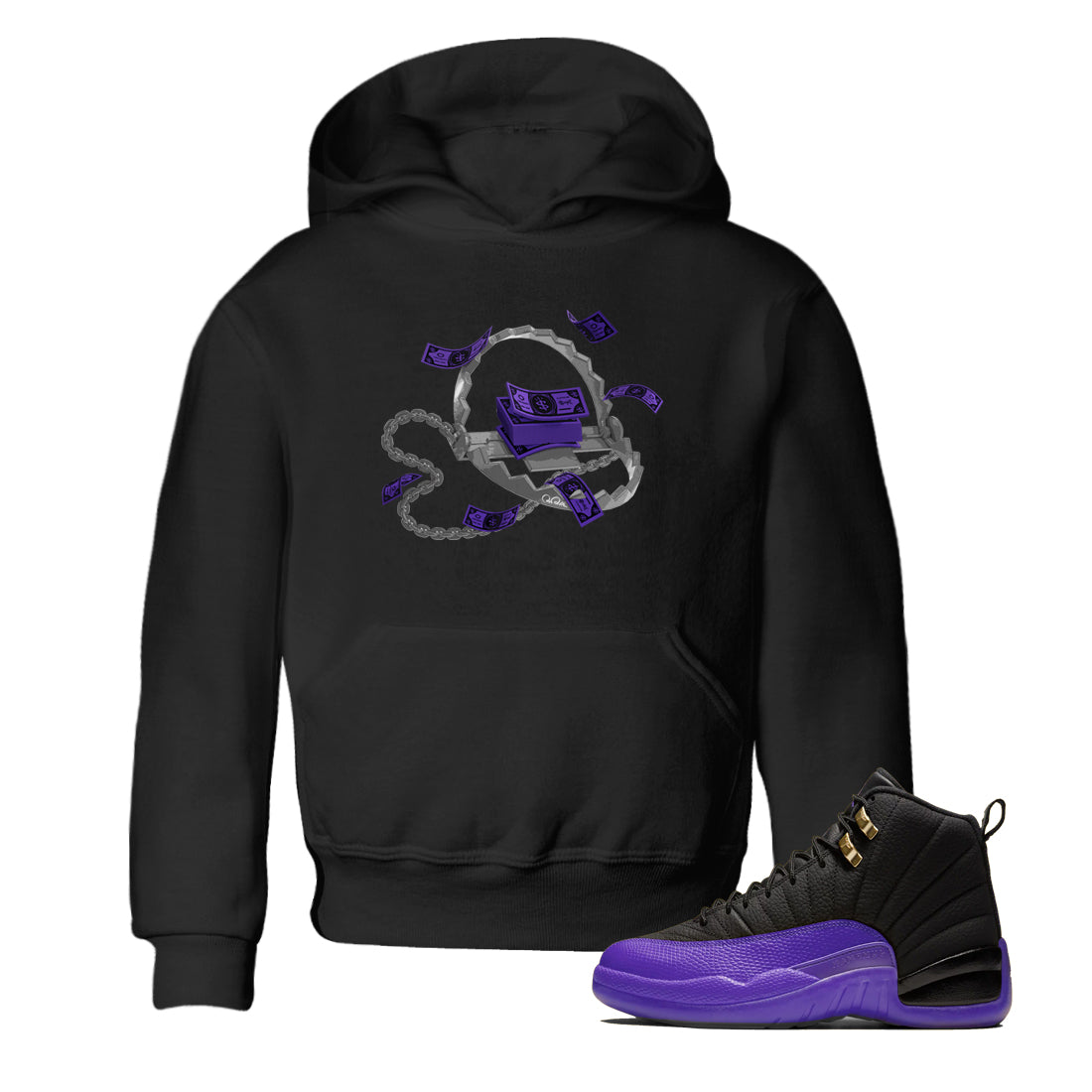 Air Jordan 12 Field Purple Sneaker Match Tees Trap Money Streetwear Sneaker Shirt AJ12 Field Purple Sneaker Release Tees Kids Shirts Black 1