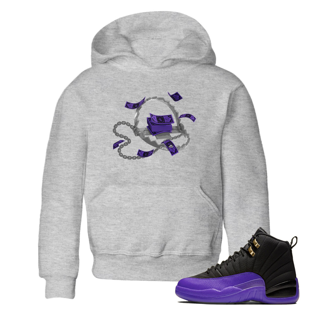 Air Jordan 12 Field Purple Sneaker Match Tees Trap Money Streetwear Sneaker Shirt AJ12 Field Purple Sneaker Release Tees Kids Shirts Heather Grey 1