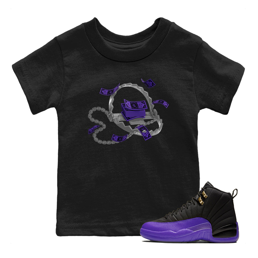 Air Jordan 12 Field Purple Sneaker Match Tees Trap Money Streetwear Sneaker Shirt AJ12 Field Purple Sneaker Release Tees Kids Shirts Black 1