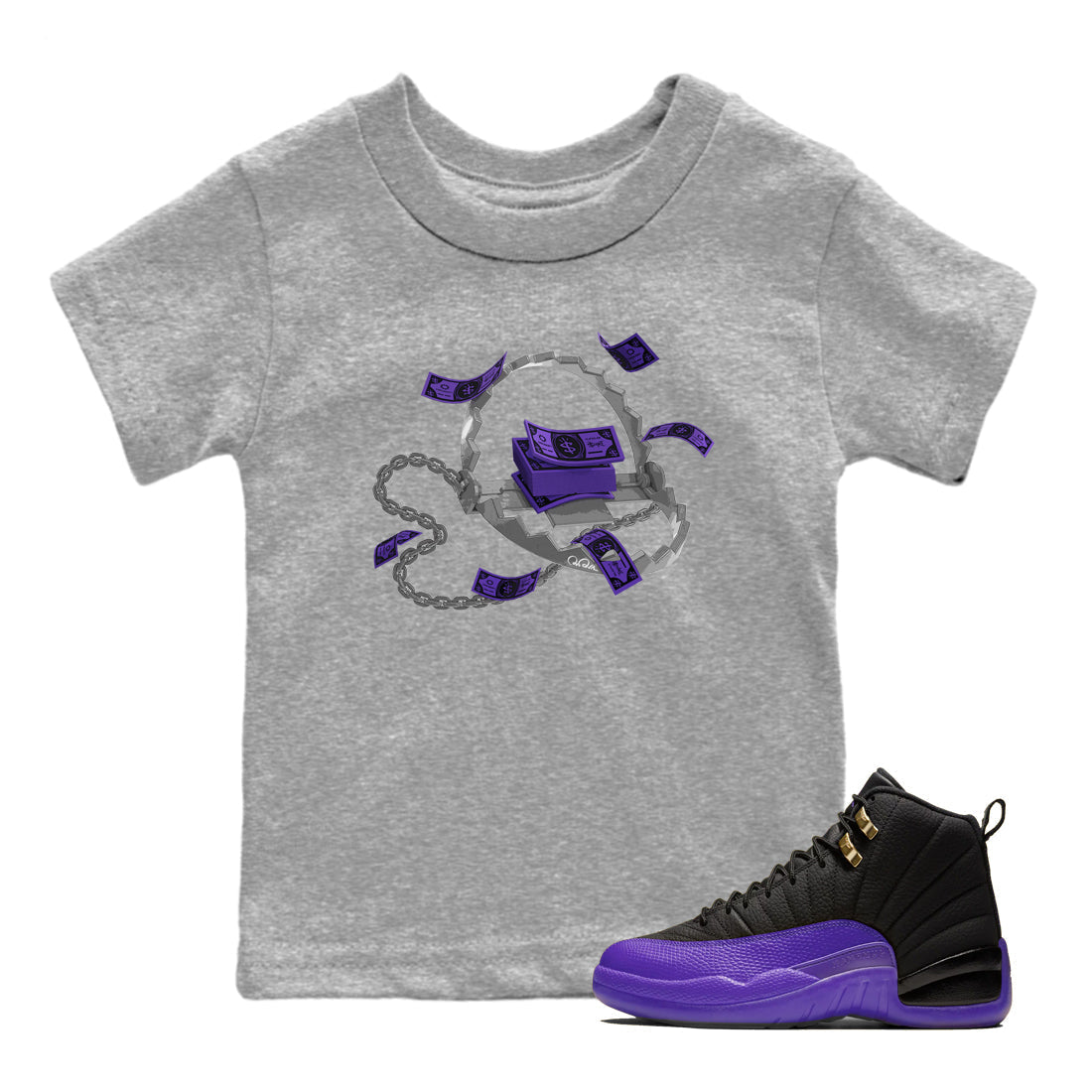 Air Jordan 12 Field Purple Sneaker Match Tees Trap Money Streetwear Sneaker Shirt AJ12 Field Purple Sneaker Release Tees Kids Shirts Heather Grey 1