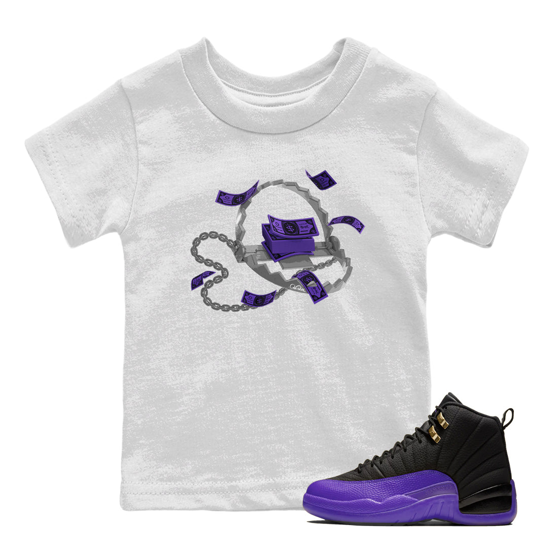 Air Jordan 12 Field Purple Sneaker Match Tees Trap Money Streetwear Sneaker Shirt AJ12 Field Purple Sneaker Release Tees Kids Shirts White 1
