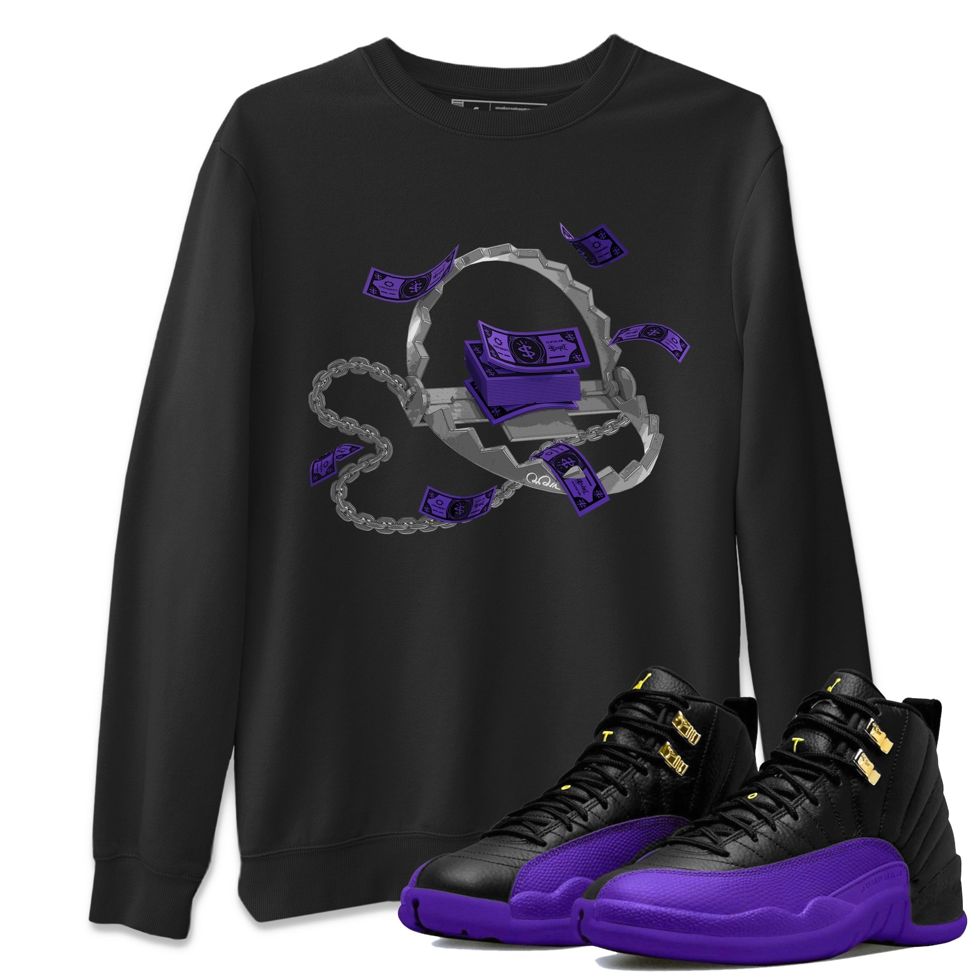 Air Jordan 12 Field Purple Sneaker Match Tees Trap Money Streetwear Sneaker Shirt AJ12 Field Purple Sneaker Release Tees Unisex Shirts Black 1