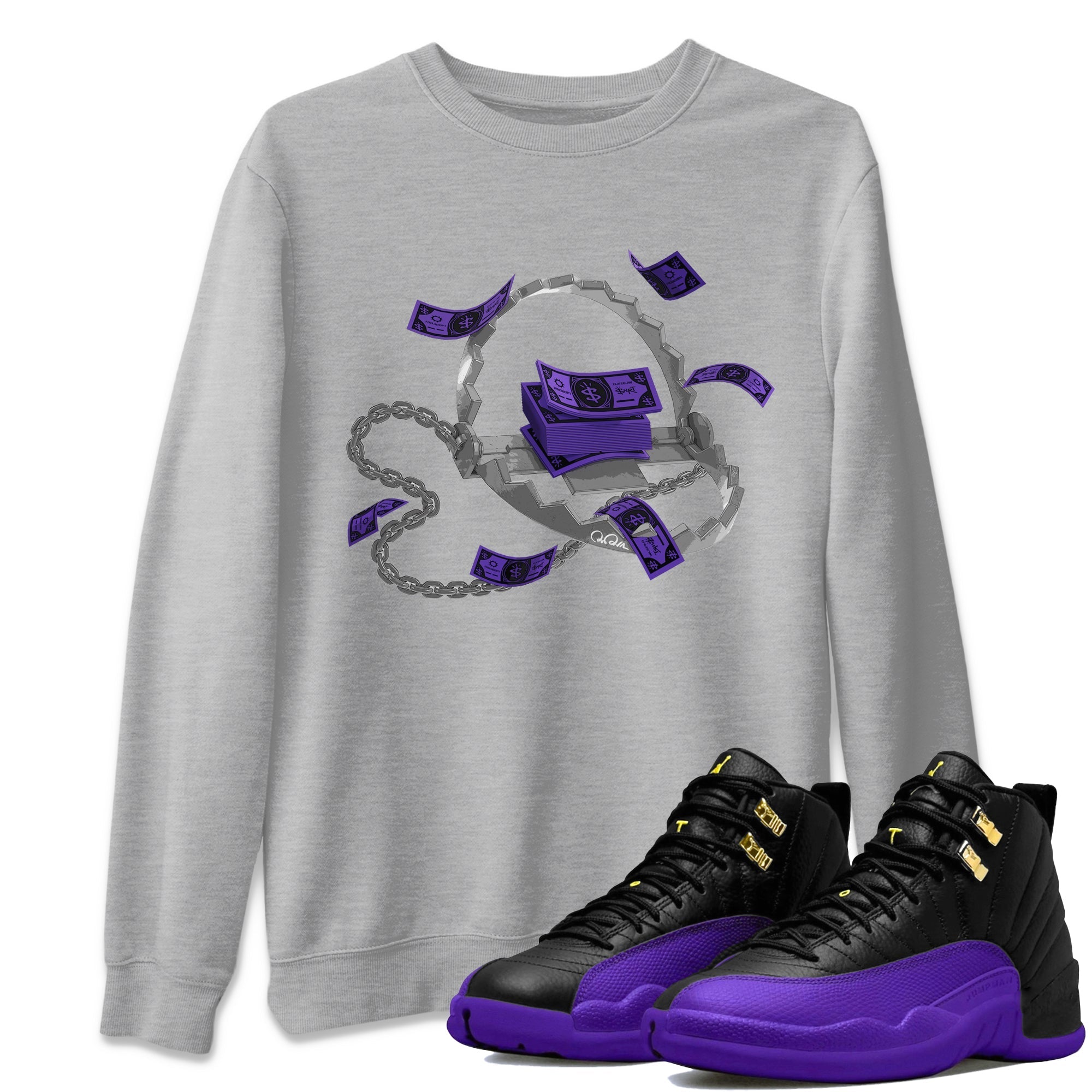 Air Jordan 12 Field Purple Sneaker Match Tees Trap Money Streetwear Sneaker Shirt AJ12 Field Purple Sneaker Release Tees Unisex Shirts Heather Grey 1