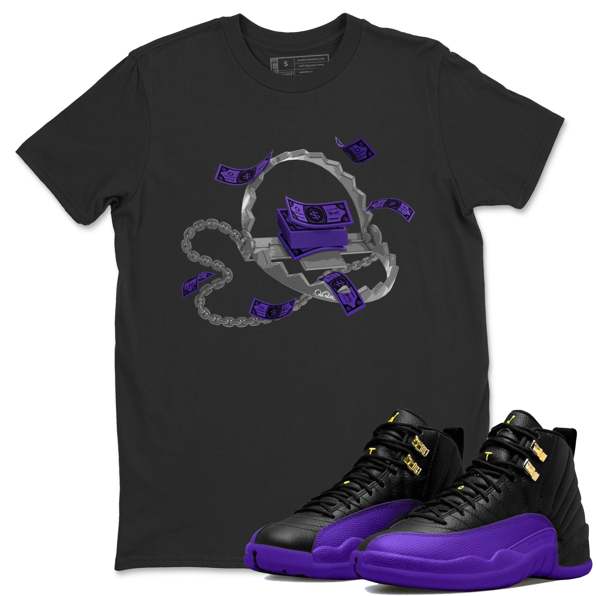 Air Jordan 12 Field Purple Sneaker Match Tees Trap Money Streetwear Sneaker Shirt AJ12 Field Purple Sneaker Release Tees Unisex Shirts Black 1