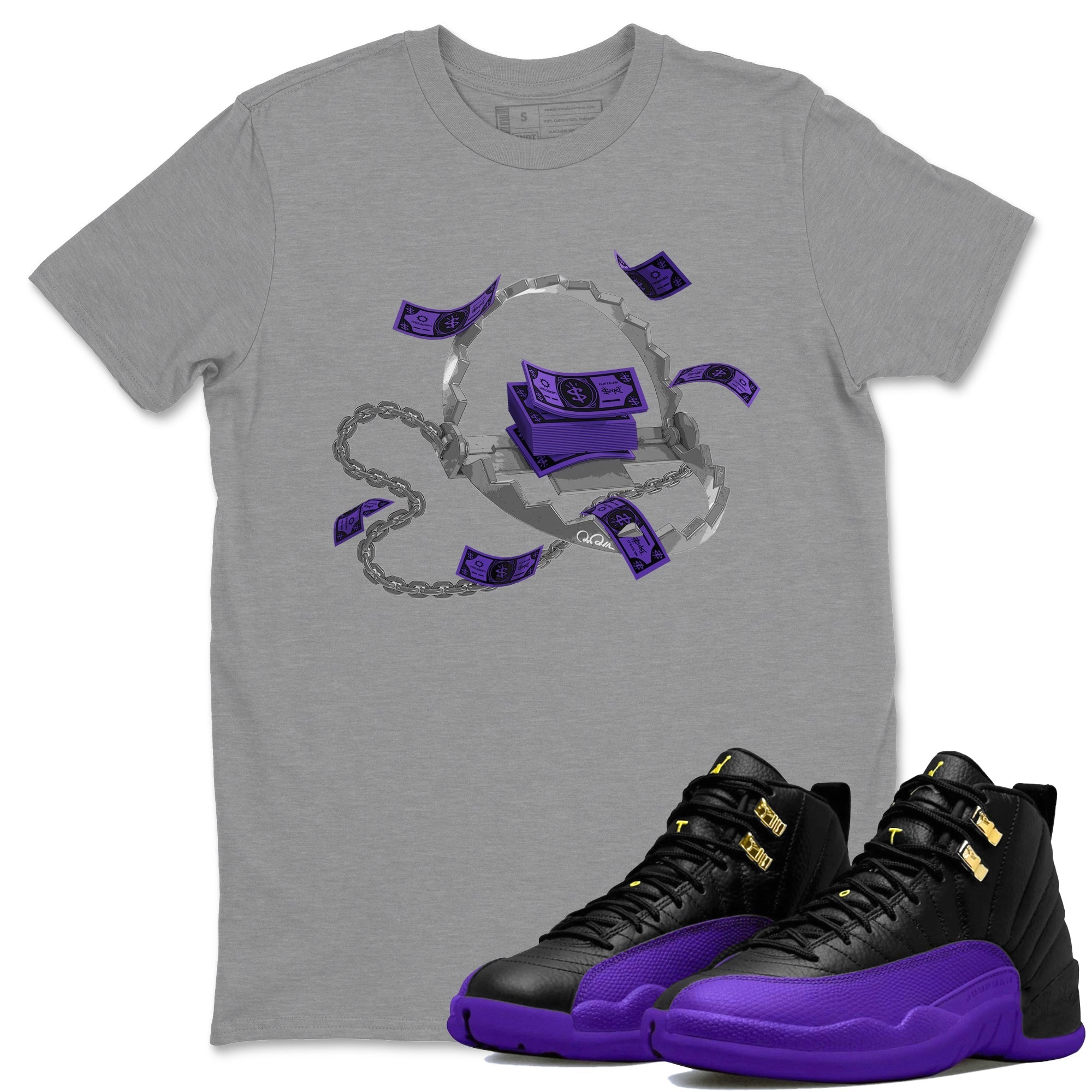 Air Jordan 12 Field Purple Sneaker Match Tees Trap Money Streetwear Sneaker Shirt AJ12 Field Purple Sneaker Release Tees Unisex Shirts Heather Grey 1