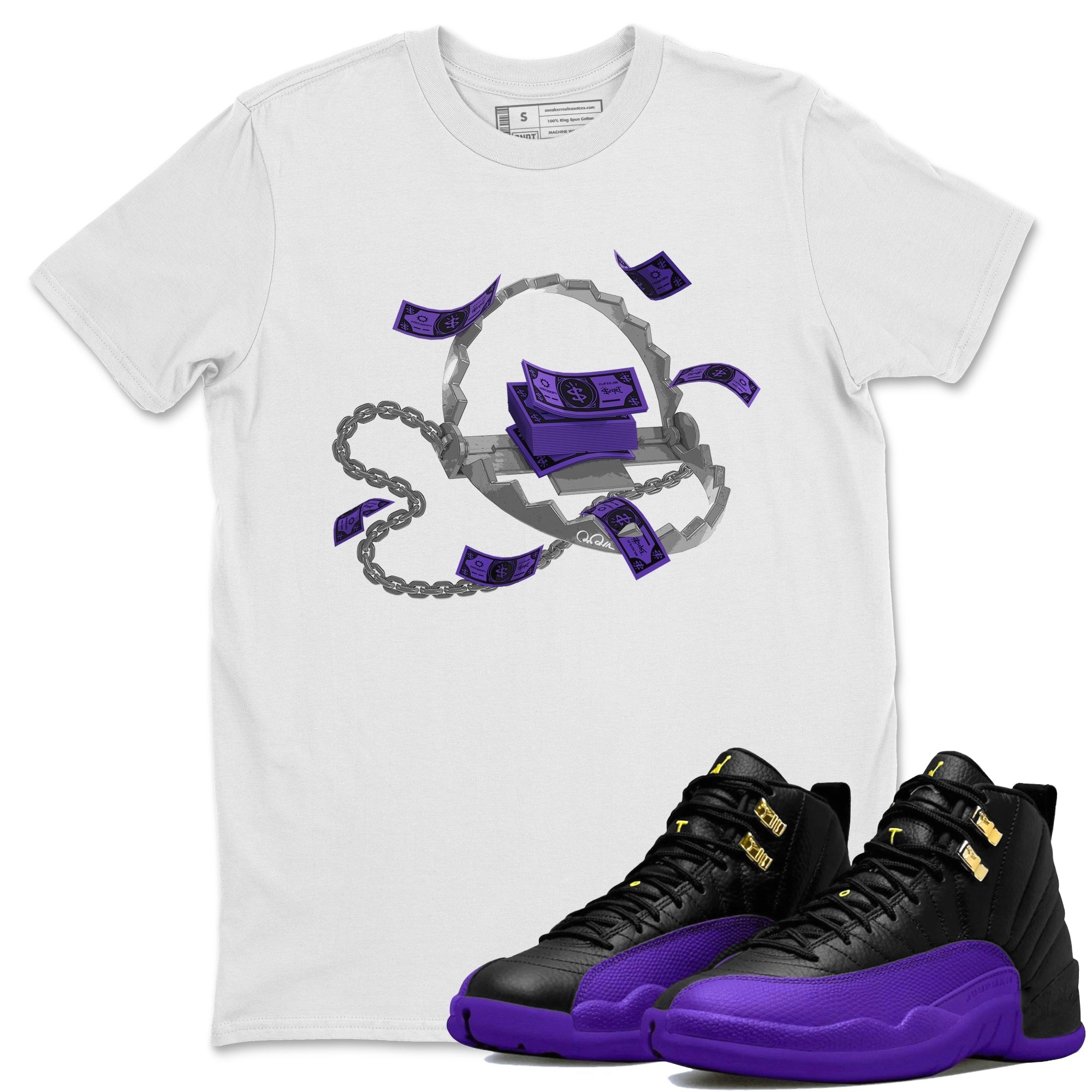 Air Jordan 12 Field Purple Sneaker Match Tees Trap Money Streetwear Sneaker Shirt AJ12 Field Purple Sneaker Release Tees Unisex Shirts White 1