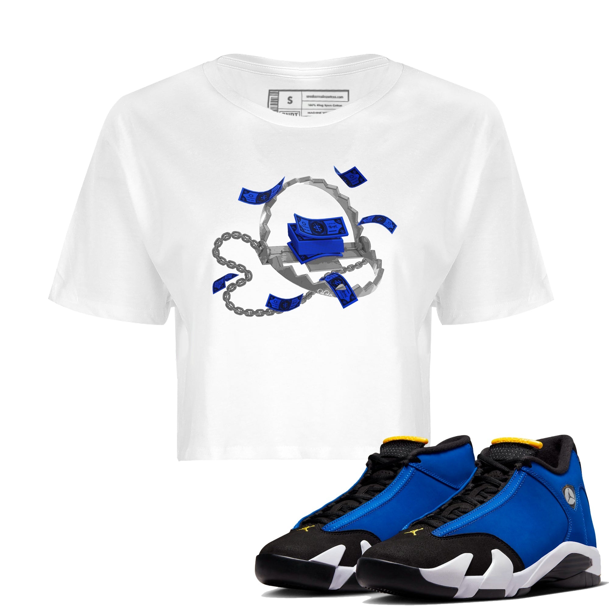 Air Jordan 14 Laney Sneaker Match Tees Trap Money Streetwear Sneaker Shirt AJ14 Laney Sneaker Release Tees Women's Shirts White 1