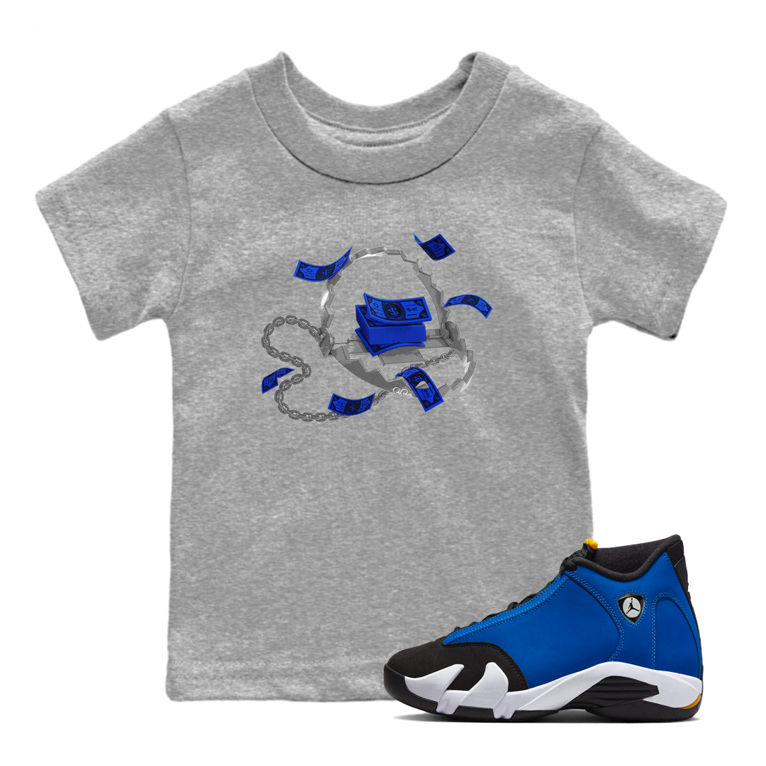 Air Jordan 14 Laney Sneaker Match Tees Trap Money Streetwear Sneaker Shirt AJ14 Laney Sneaker Release Tees Kids Shirts Heather Grey 1