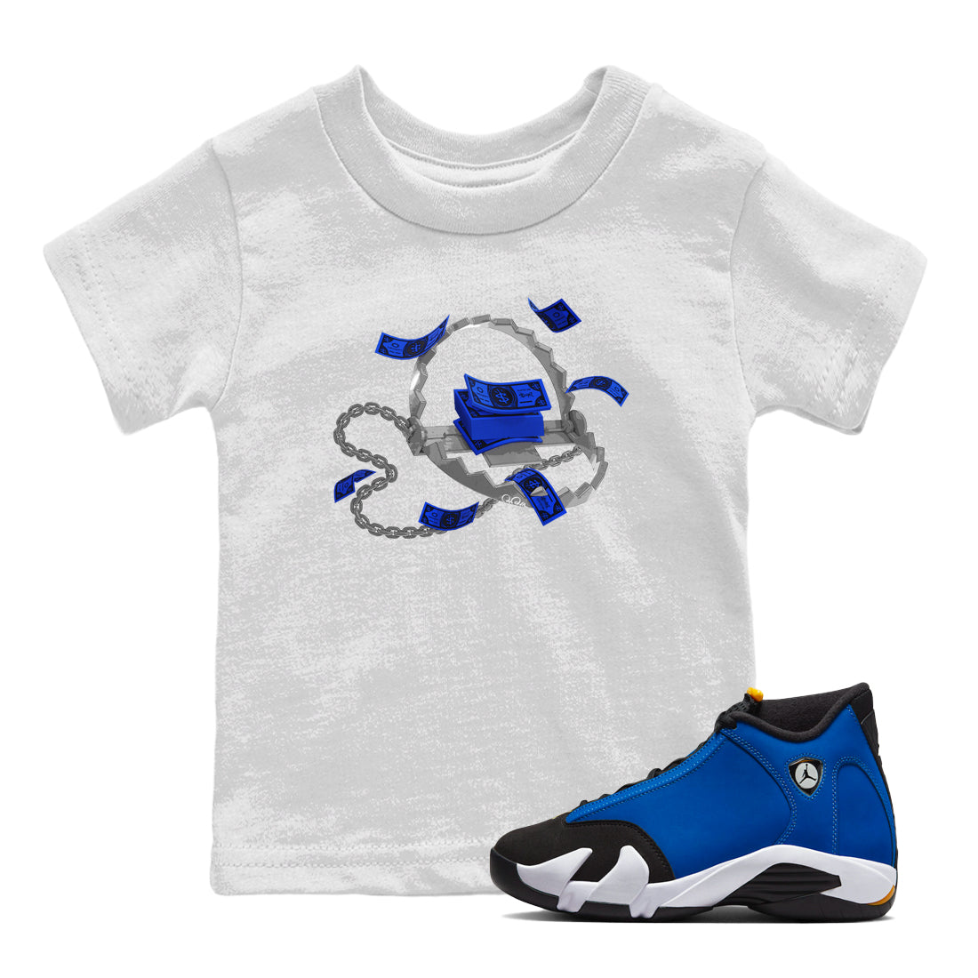 Air Jordan 14 Laney Sneaker Match Tees Trap Money Streetwear Sneaker Shirt AJ14 Laney Sneaker Release Tees Kids Shirts White 1