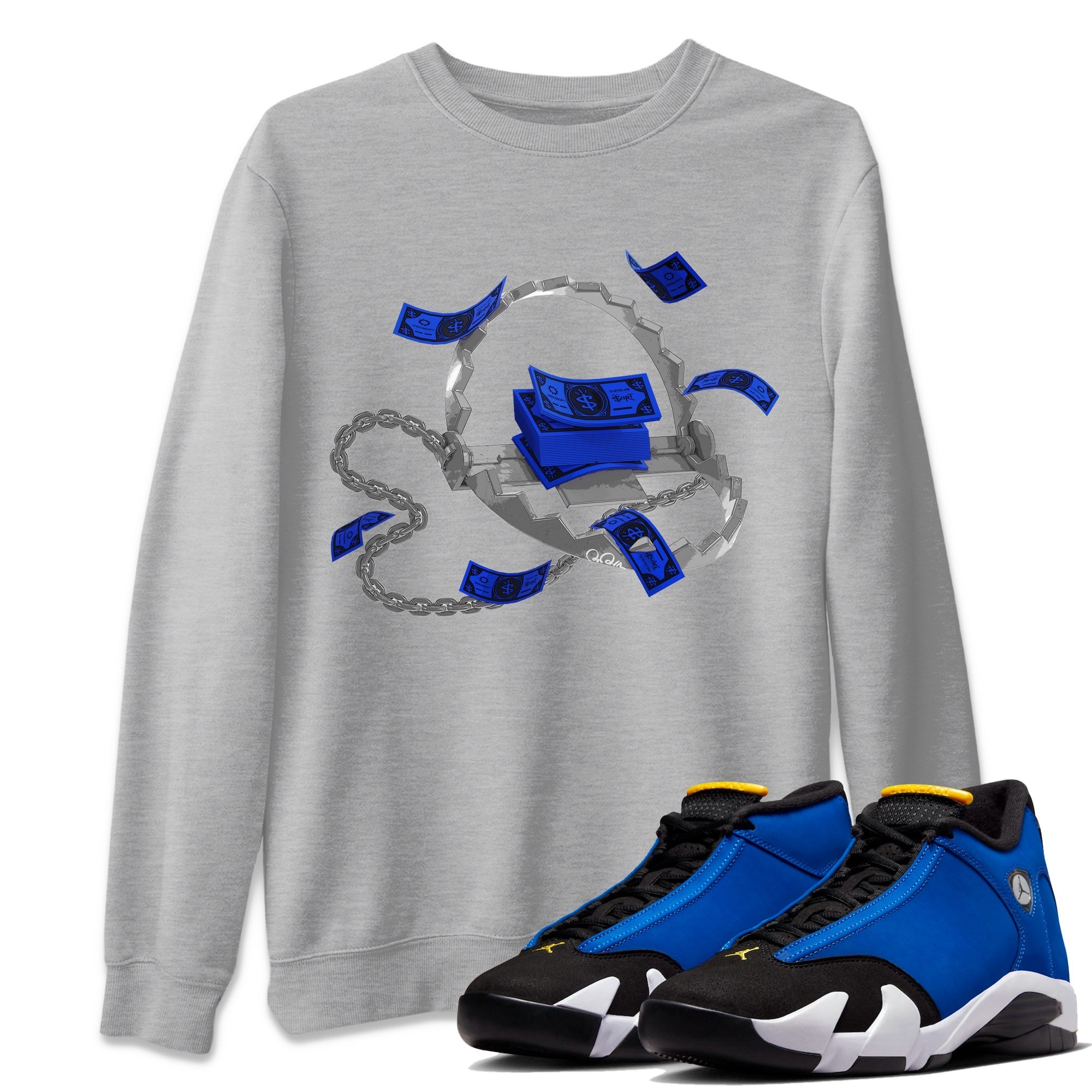 Air Jordan 14 Laney Sneaker Match Tees Trap Money Streetwear Sneaker Shirt AJ14 Laney Sneaker Release Tees Unisex Shirts Heather Grey 1