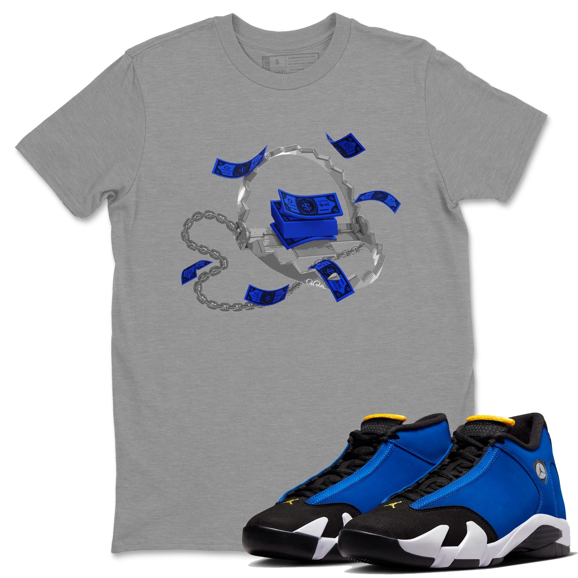Air Jordan 14 Laney Sneaker Match Tees Trap Money Streetwear Sneaker Shirt AJ14 Laney Sneaker Release Tees Unisex Shirts Heather Grey 1
