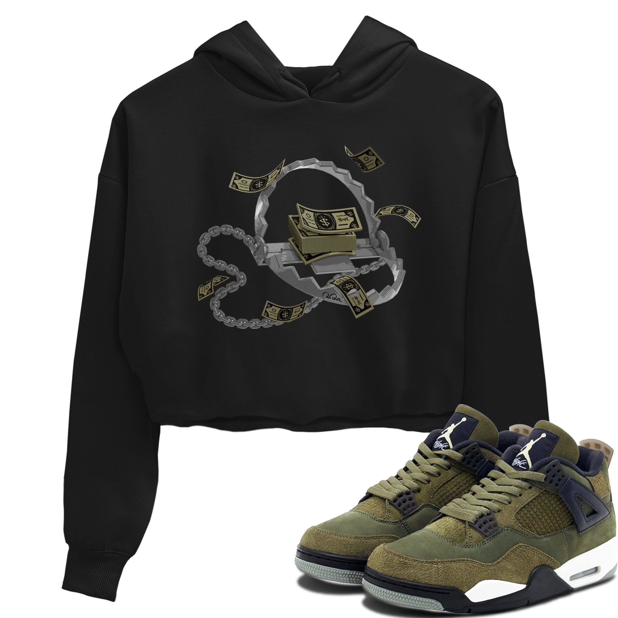 Air Jordan 4 Medium Olive shirt to match jordans streetwear brand Trap Money sneaker tees AJ4Medium Olive Drip Gear Zone Black 1 Crop T-Shirt
