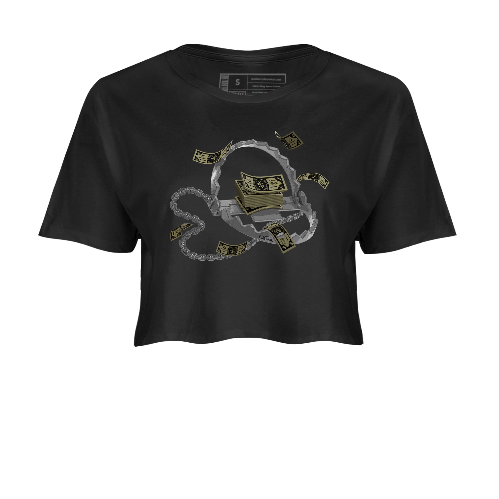 Air Jordan 4 Medium Olive shirt to match jordans streetwear brand Trap Money sneaker tees AJ4Medium Olive Drip Gear Zone Black 2 Crop T-Shirt