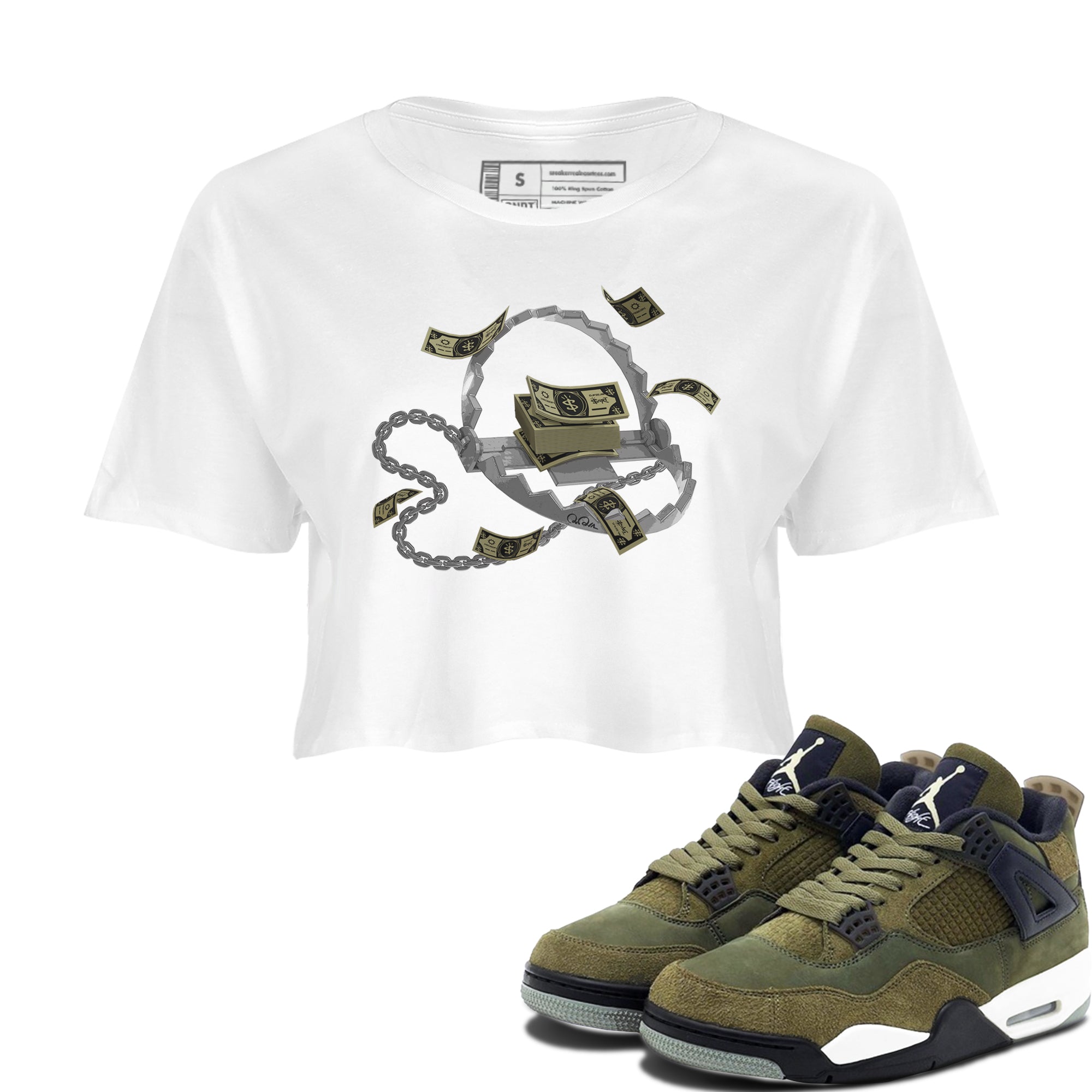 Air Jordan 4 Medium Olive shirt to match jordans streetwear brand Trap Money sneaker tees AJ4Medium Olive Drip Gear Zone White 1 Crop T-Shirt