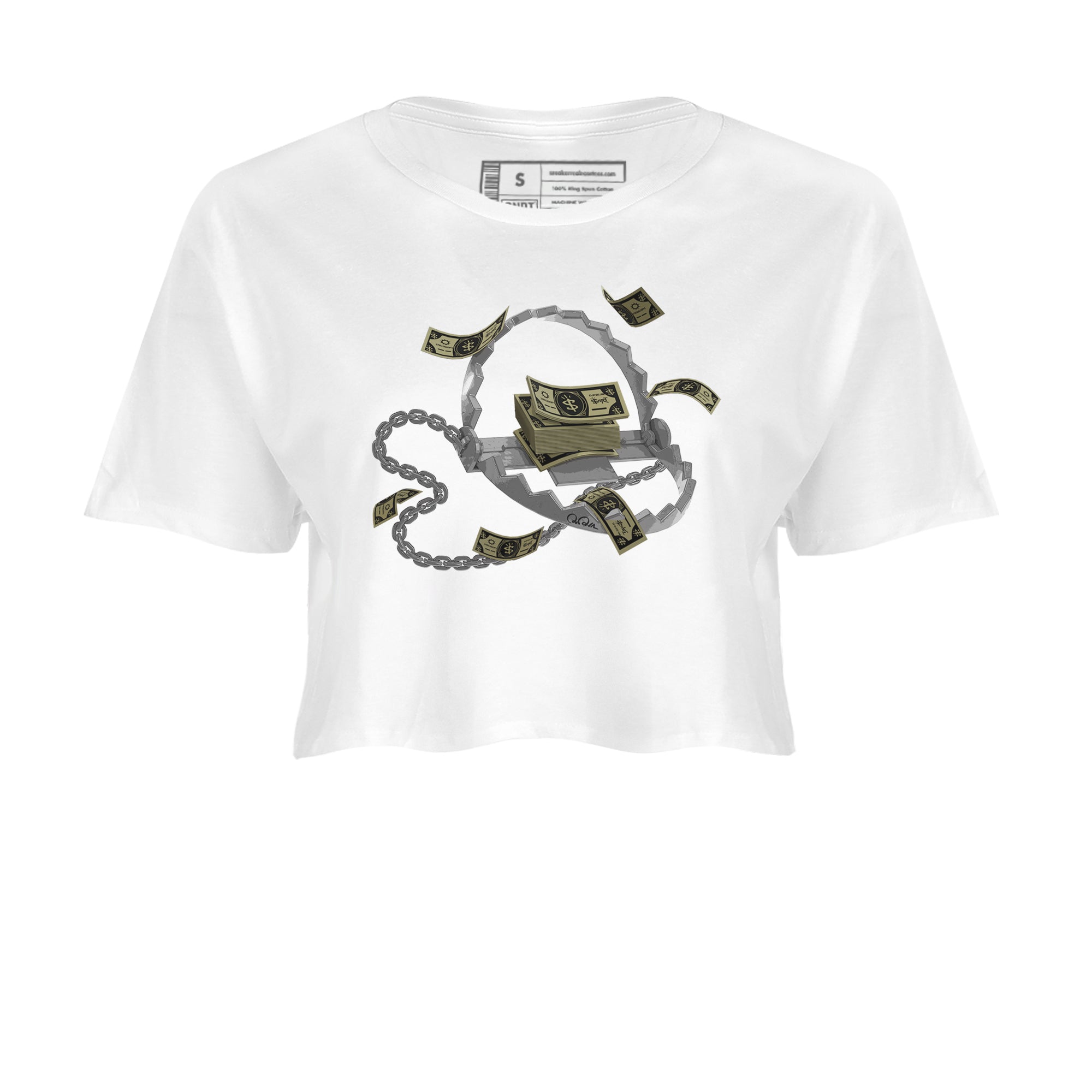 Air Jordan 4 Medium Olive shirt to match jordans streetwear brand Trap Money sneaker tees AJ4Medium Olive Drip Gear Zone White 2 Crop T-Shirt