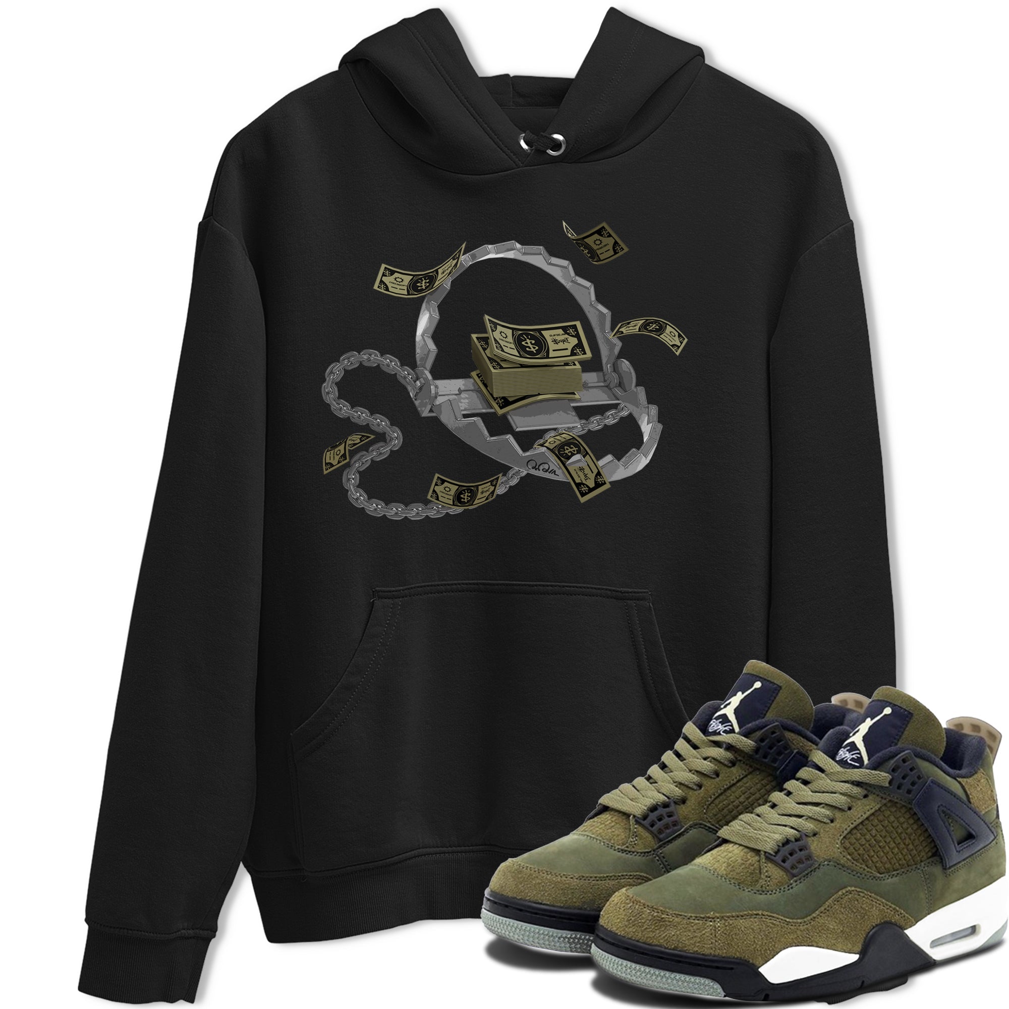 Air Jordan 4 Medium Olive shirt to match jordans streetwear brand Trap Money sneaker tees AJ4Medium Olive Drip Gear Zone Unisex Black 1 T-Shirt