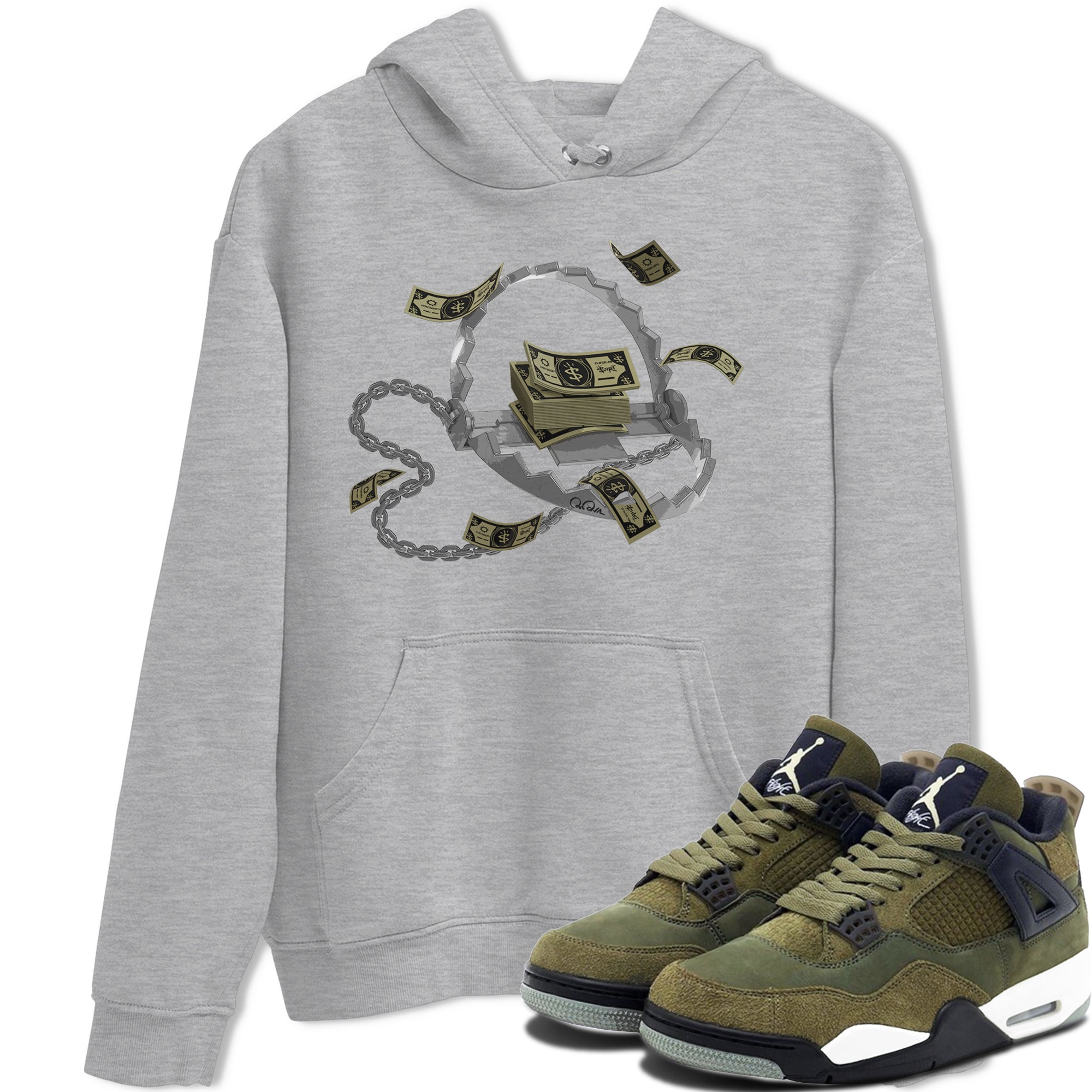 Air Jordan 4 Medium Olive shirt to match jordans streetwear brand Trap Money sneaker tees AJ4Medium Olive Drip Gear Zone Unisex Heather Grey 1 T-Shirt