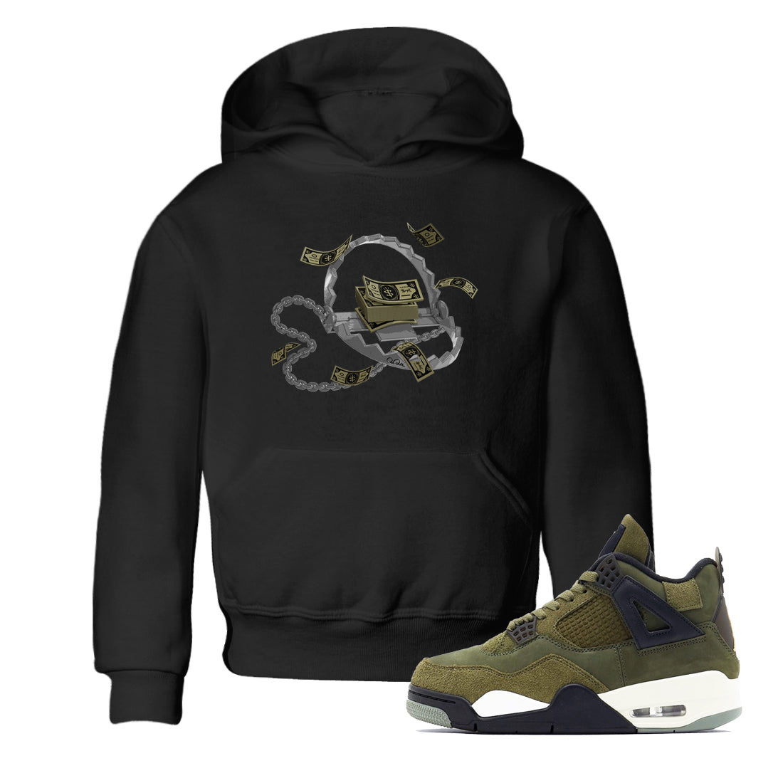 Air Jordan 4 Medium Olive shirt to match jordans streetwear brand Trap Money sneaker tees AJ4Medium Olive Drip Gear Zone Baby Toddler Black 1 T-Shirt