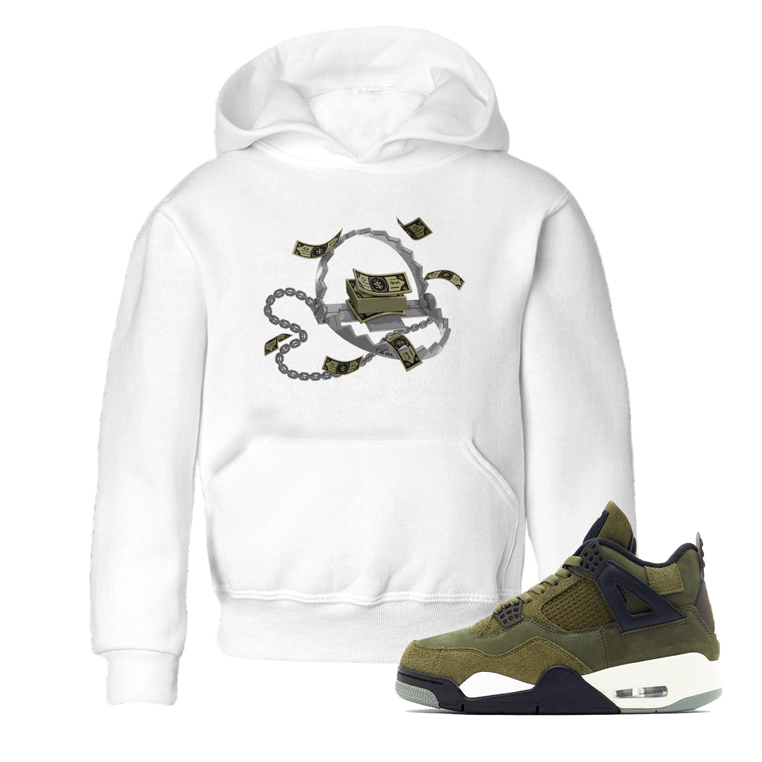 Air Jordan 4 Medium Olive shirt to match jordans streetwear brand Trap Money sneaker tees AJ4Medium Olive Drip Gear Zone Baby Toddler White 1 T-Shirt